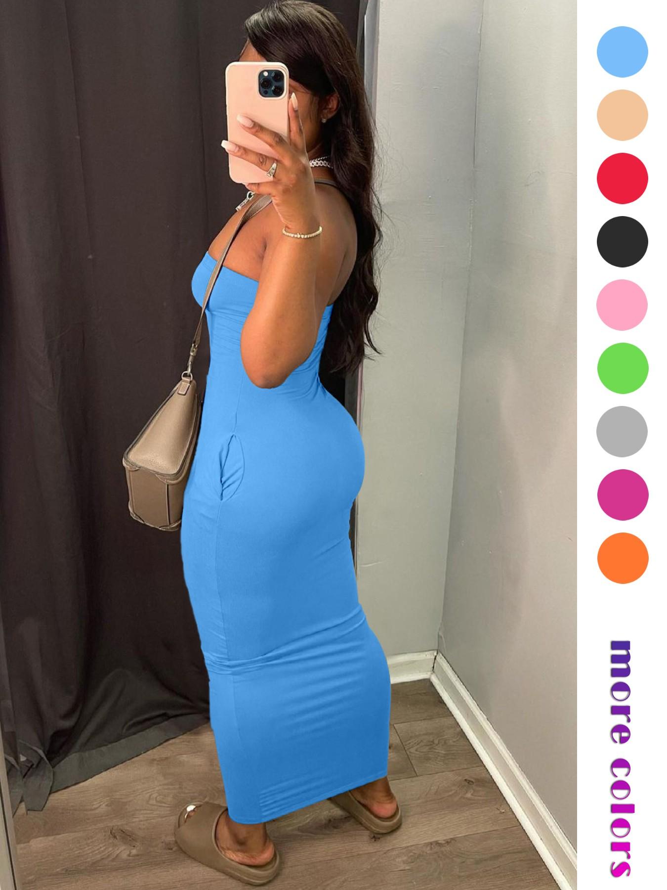 Women's 2026 Summer Tube Top Bodycon Maxi Dress, Sleeveless Ruched Backless Long Dress with Pockets, Stretchy Casual Going Out Vacation Party Dress for Women, Multiple Colors Available Women's 2026 Summer Tube Top Bodycon Maxi Dress, Sleeveless Ruched Backless Long Dress with Pockets, Stretchy Casual Going Out Vacation Party Dress for Women, Multiple Colors Available