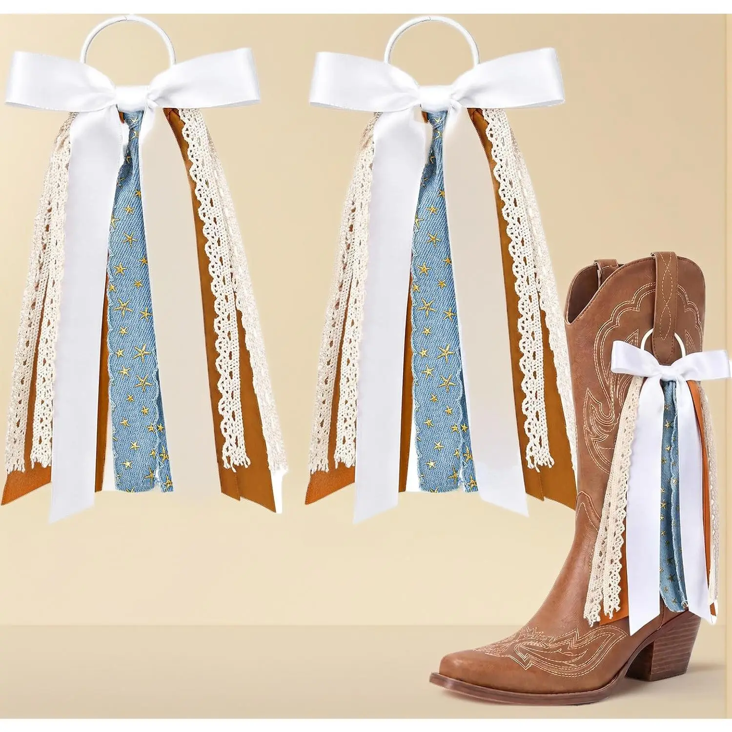 2 Pack Lace Plaid Ribbon Boot Bows – Western Cowgirl Accessories for Country Concert, Martin Boots & Rodeo Style