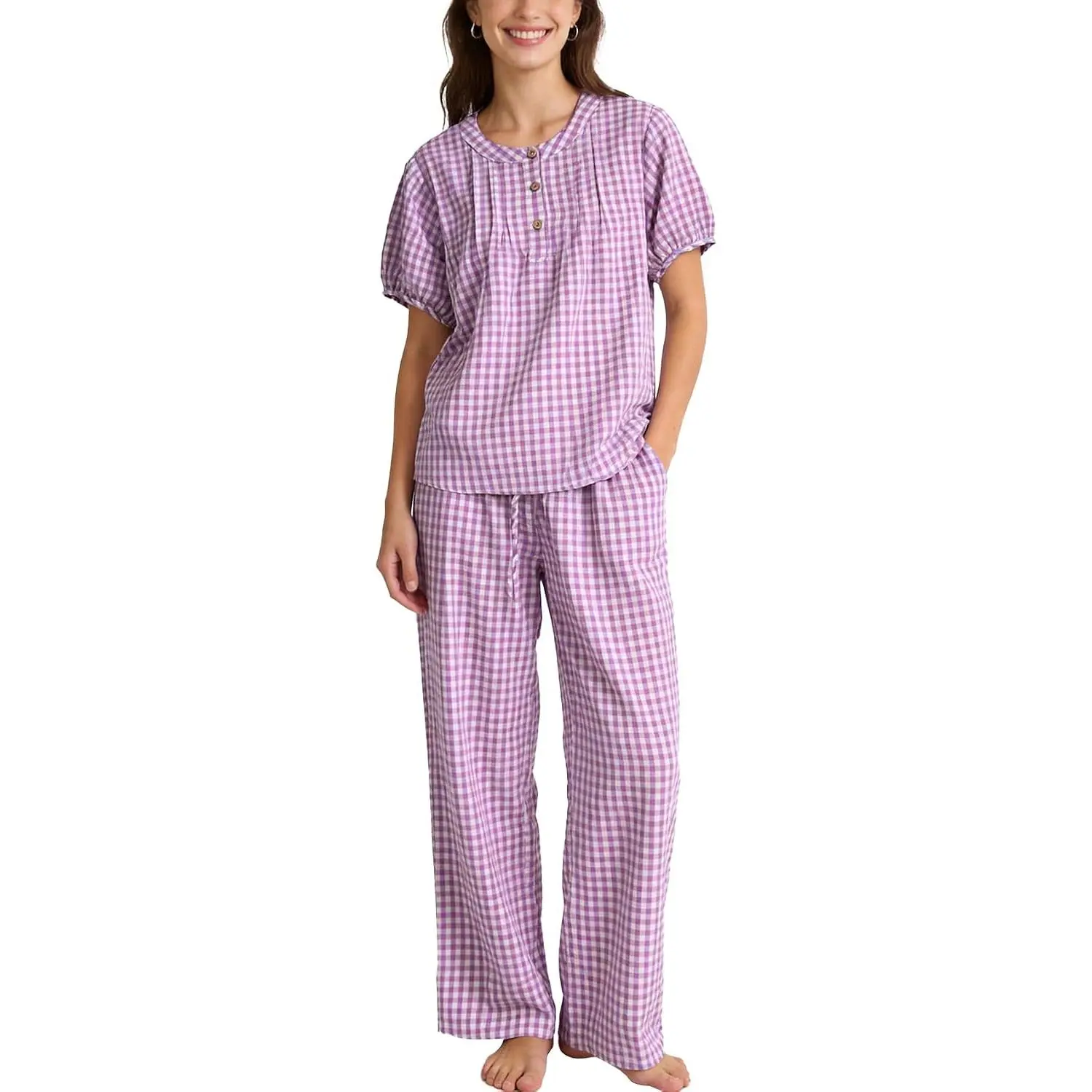 Flygo Womens Gingham Pajama Set 2 Piece Cotton Pjs Lounge Sets
