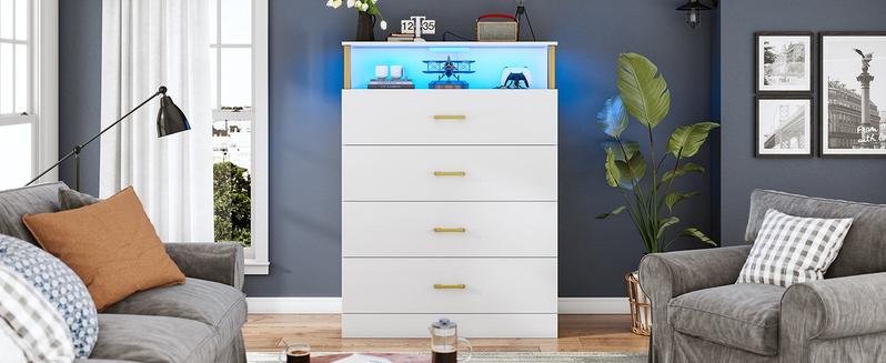Sikaic 4 Drawers Led Tall Dresser With Charging Station For Bedroom Closet Organization Cabinet Modern Design Apartment Furniture Futon Storage Unit Cupboard