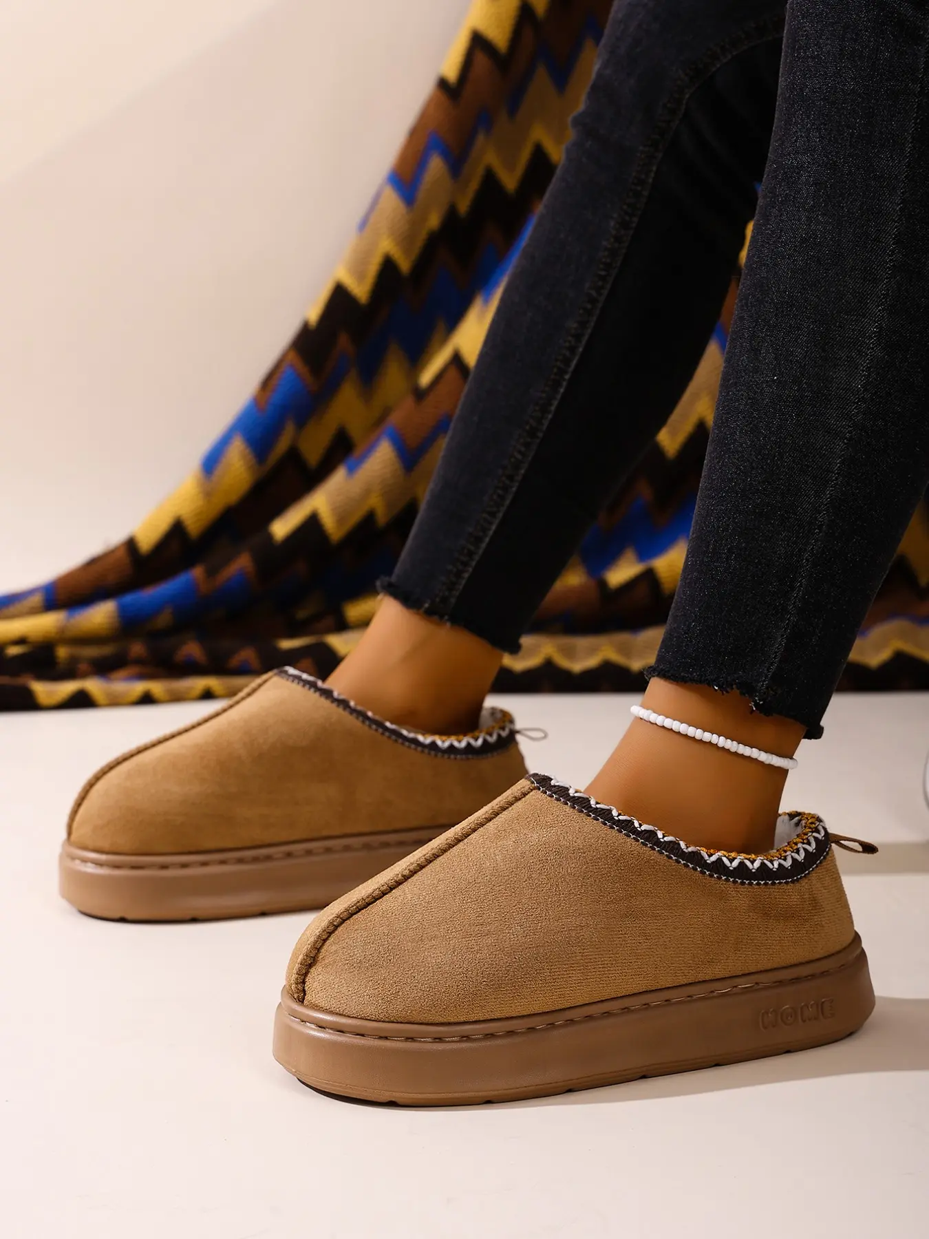 Ethnic Style Lock Edge Cotton Slippers, Vintage Suede Fall Winter Warm Indoor Outdoor Non-Slip Plush Slippers, Comfortable Home Footwear