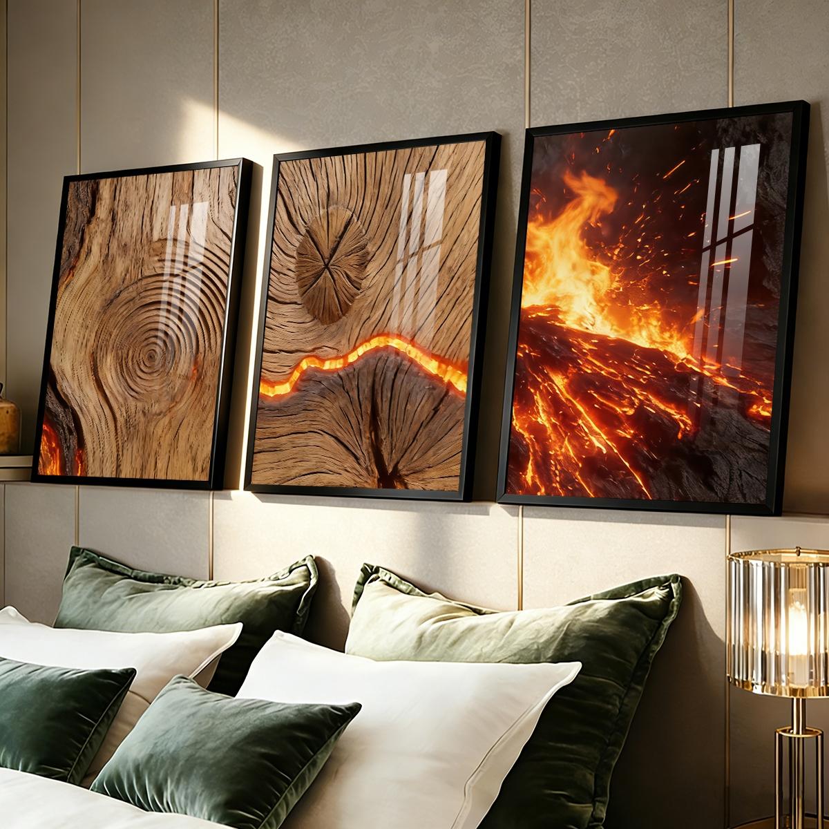 3 Counts Aluminum Alloy Framed Painting, Burning Wood Texture And Flowing Lava Art Pictures, Home Decoration For Living Room, Bedroom, Office, Restaurant, Hallway Wall Decor, Odorless Print Artwork, Luxury Perfect Gift For Friends And Family