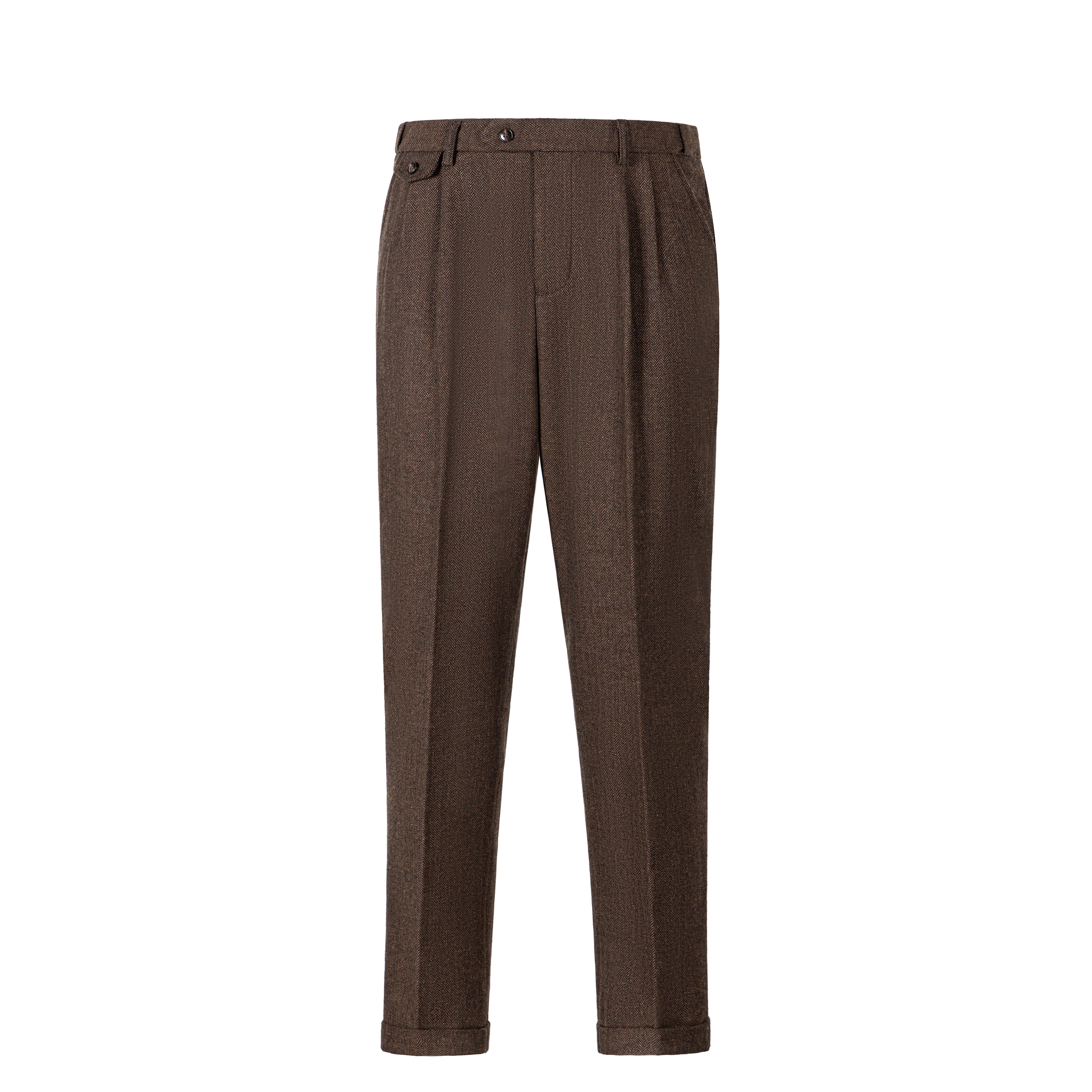 Men's Retro Herringbone Tweed Double Pleat Straight-Leg Turn-Up Cuff Trousers, Menswear Formal-Casual Gentleman Pants with Blazer Dress Fabric, Men's Clothing Vintage Clothing Boosted by Vintage Tweed Style Elevates Basics & Regular Fit Ease
