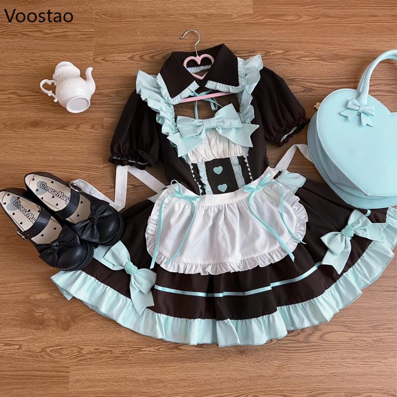 Women's Anime Lolita Maid Dress Set - Sweet Puff Sleeve with Bow, Apron Included, Gothic Clothes for Halloween Cosplay Party, Lady Fashion Accessories