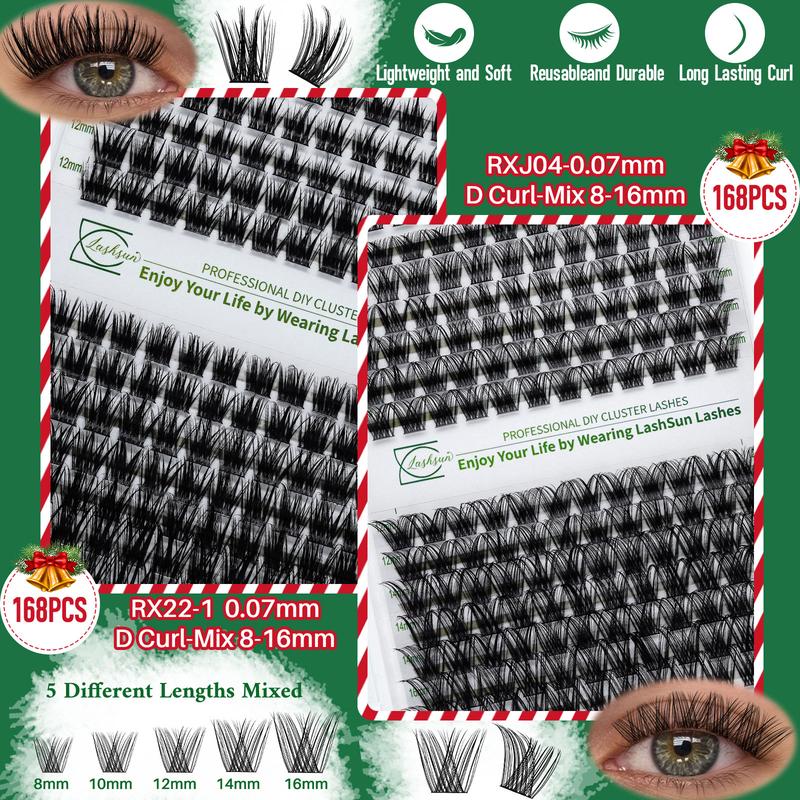 LASHSUN CHRISTMAS GIFT 10PCS Kit , D Curl 8-16mm DIY Lash Clusters Kit Multi-Type Lash Volume Eyelash Clusters with Bond&Seal Lash Remover Lash Brush Tweezers Eyelash Set