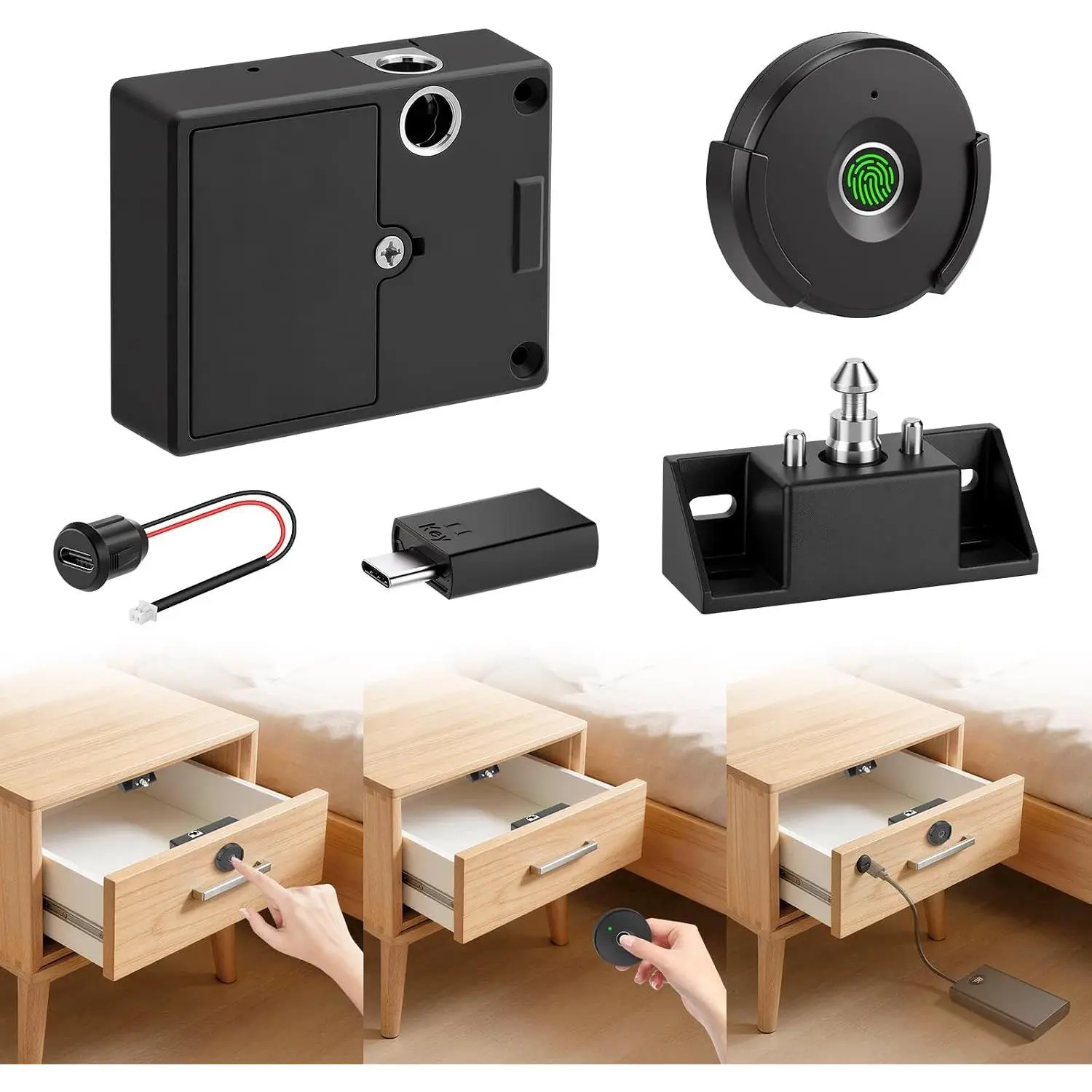 Fingerprint Remote Control Cabinet Lock, Child Safety Lock No APP No Drill | Remote Unlock within 10m, Hole-Less Install, Keyless Hidden File Drawer Wardrobe Lock, Auto Lock for Home,Office,Closet Door