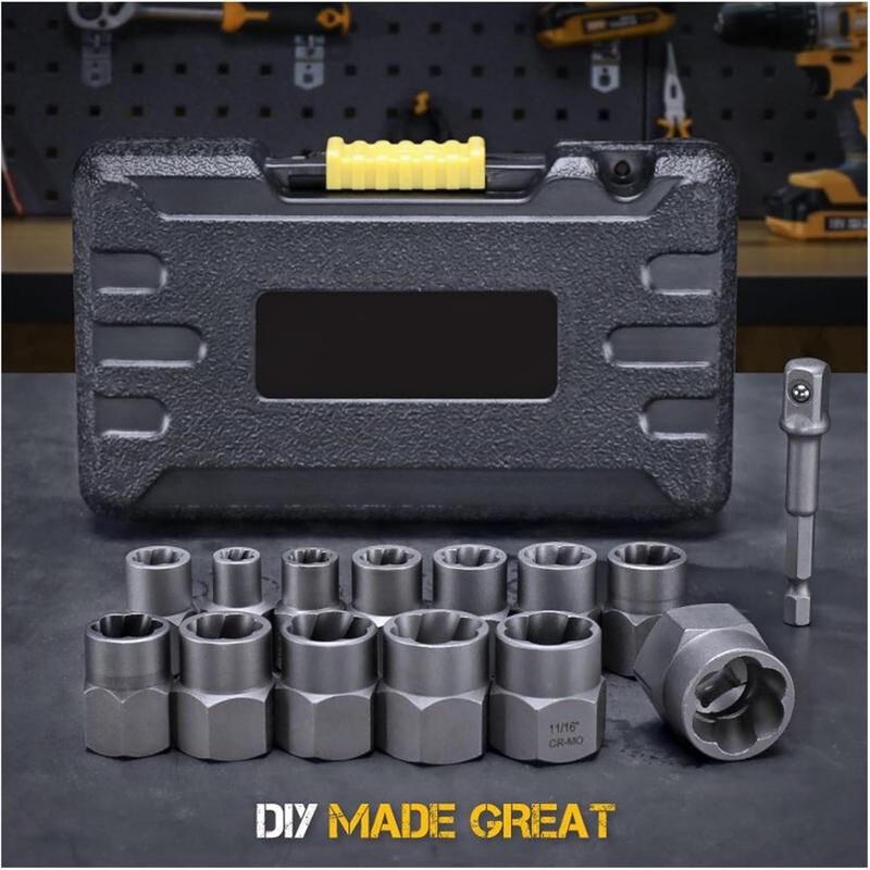 14-Piece Impact Bolt & Nut Remover Set, 3/8”Bolt Lug Nut Extractor Socket Tool Set, Damaged Bolt Nut Remover with Hex Adapter for Removing Stripped, Damaged, Rounded off and Rusted Bolts & Nuts 14-Piece Impact Bolt & Nut Remover Set, 3/8”Bolt Lug Nut Extractor Socket Tool Set, Damaged Bolt Nut Remover with Hex Adapter for Removing Stripped, Damaged, Rounded off and Rusted Bolts & Nuts