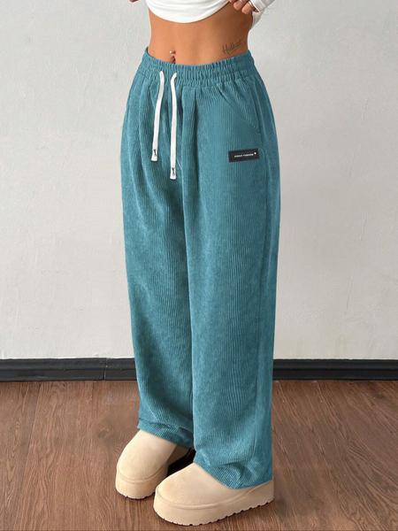 Women's Corduroy Jogger Pants, Drawstring Waist, Pockets Design, Casual Sportswear for Fall & Winter, Daily Wear Comfortable Fit, Workout Casual Baggy