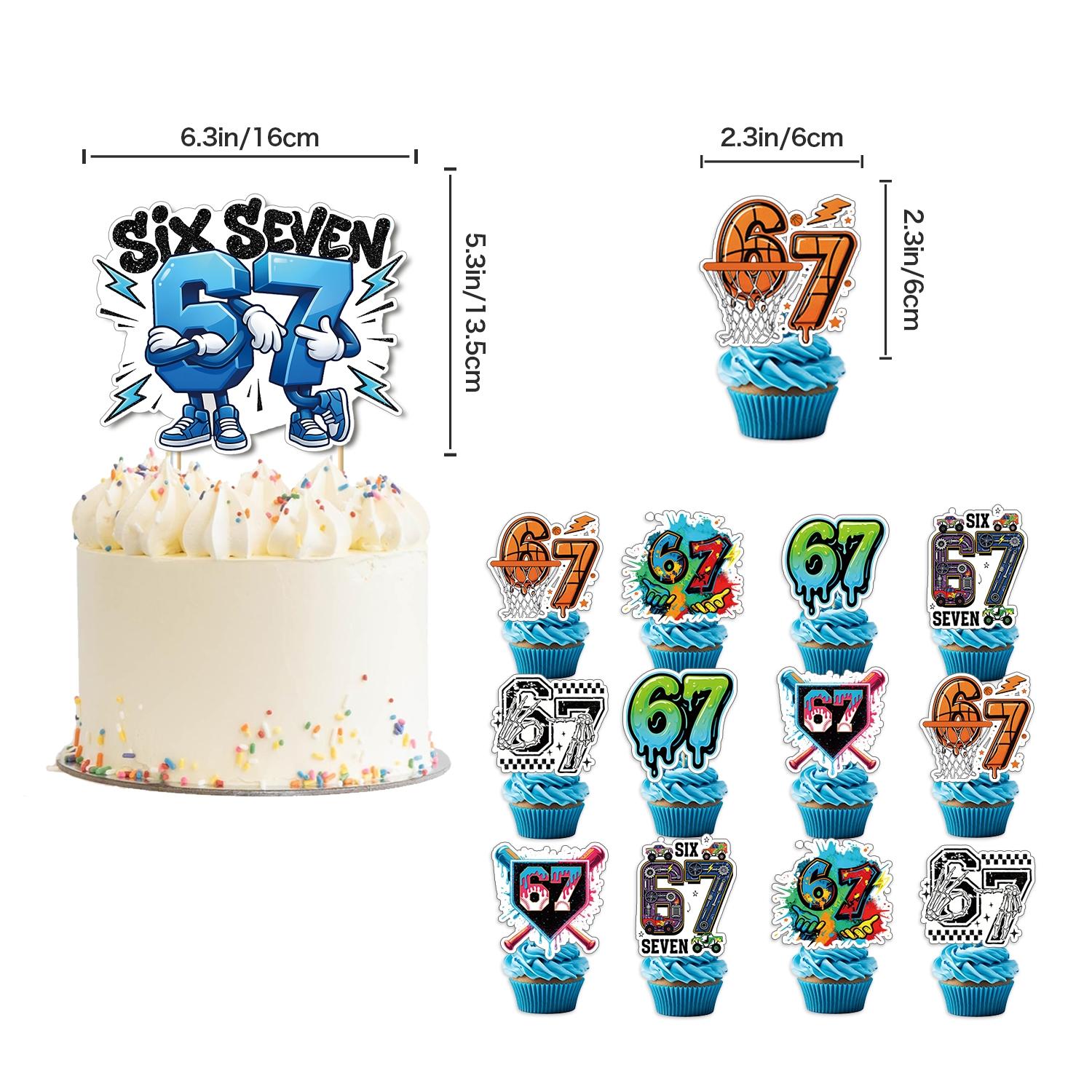 Hot Funny Abstract Six Seven Meme Theme Birthday Decorations ，Brainrot Meme &67 Themed party supplies Set Includes Banner, Cake Topper, Cupcake Toppers, Ballons，8 Sheets Make a Face Diy Sticker,Suitable for cartoon-themed birthday party events