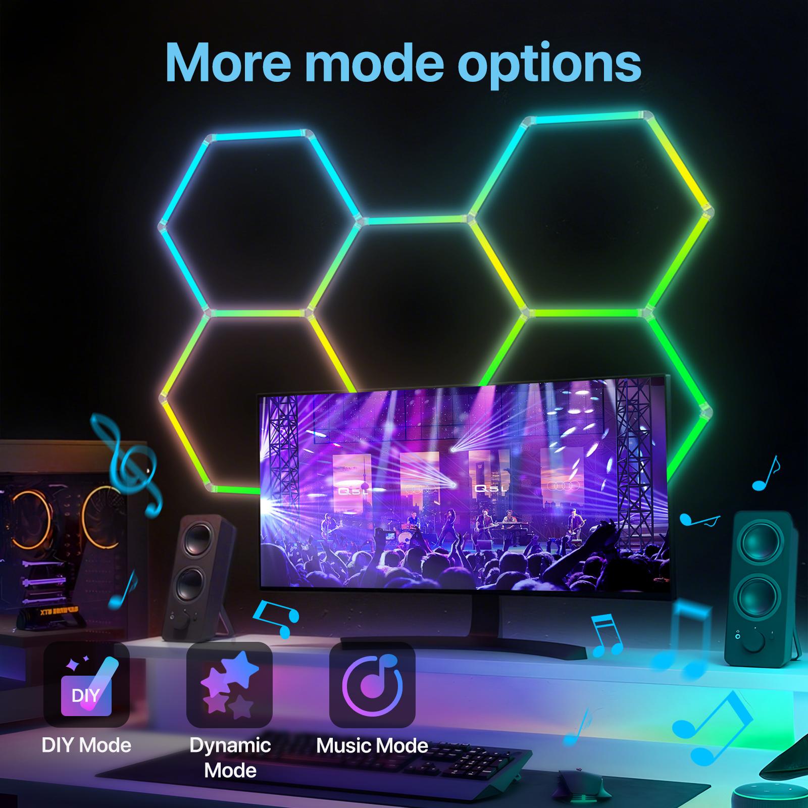 HYPERLITE RGB hexagonal light smart modular honeycomb light application, party office, garage light, LED wall decorative light, remote control, LED light, music synchronization, DIY color ceiling light Adjustable Lighting Options, SpringGlowUp