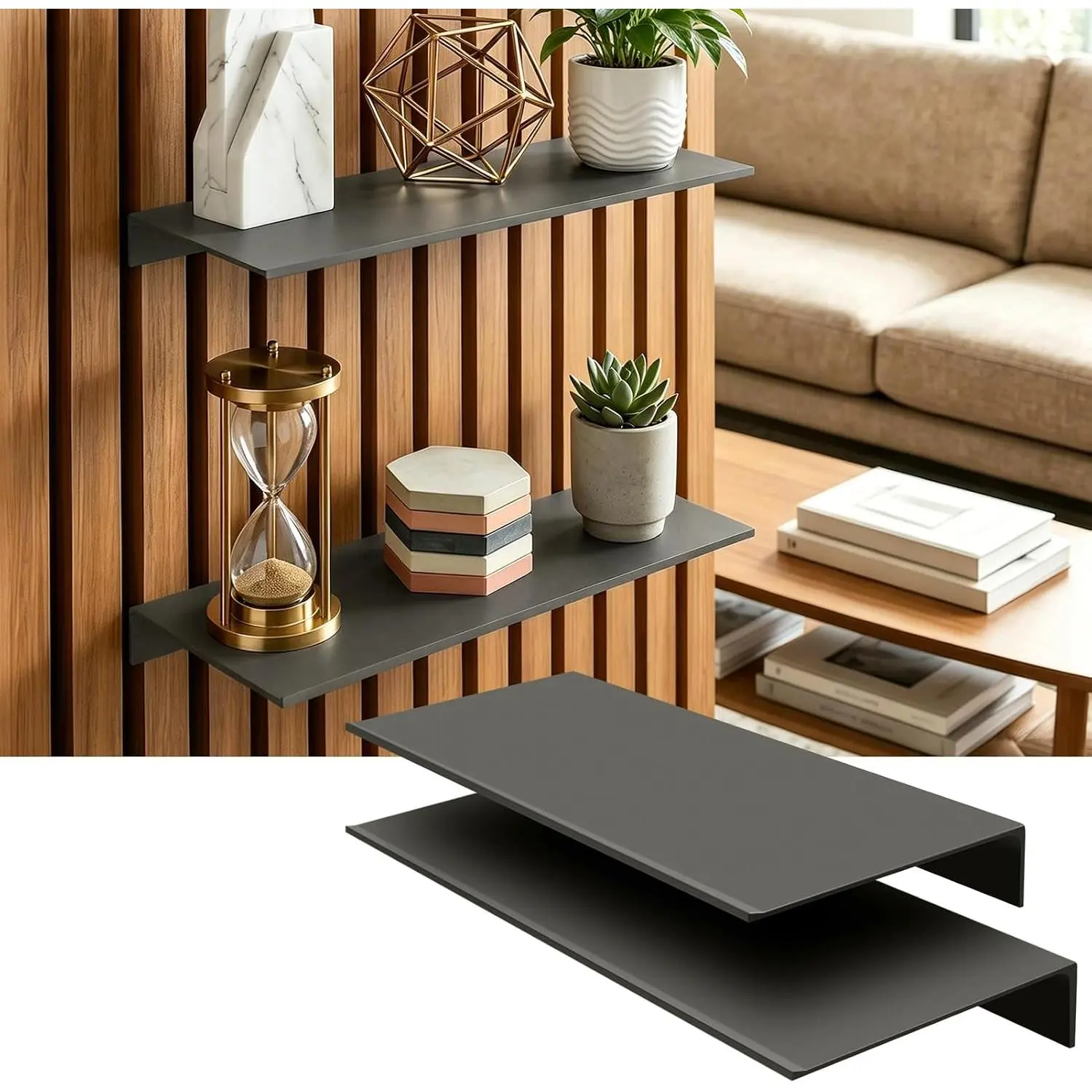Floating Shelves for  Slat Panels, 11.8 x 4.7 in, 2-Pack, Grey |  Alloy Shelves for Storage and Display  Acoustic Slat Panels, for Living Rooms, Bedrooms and Offices