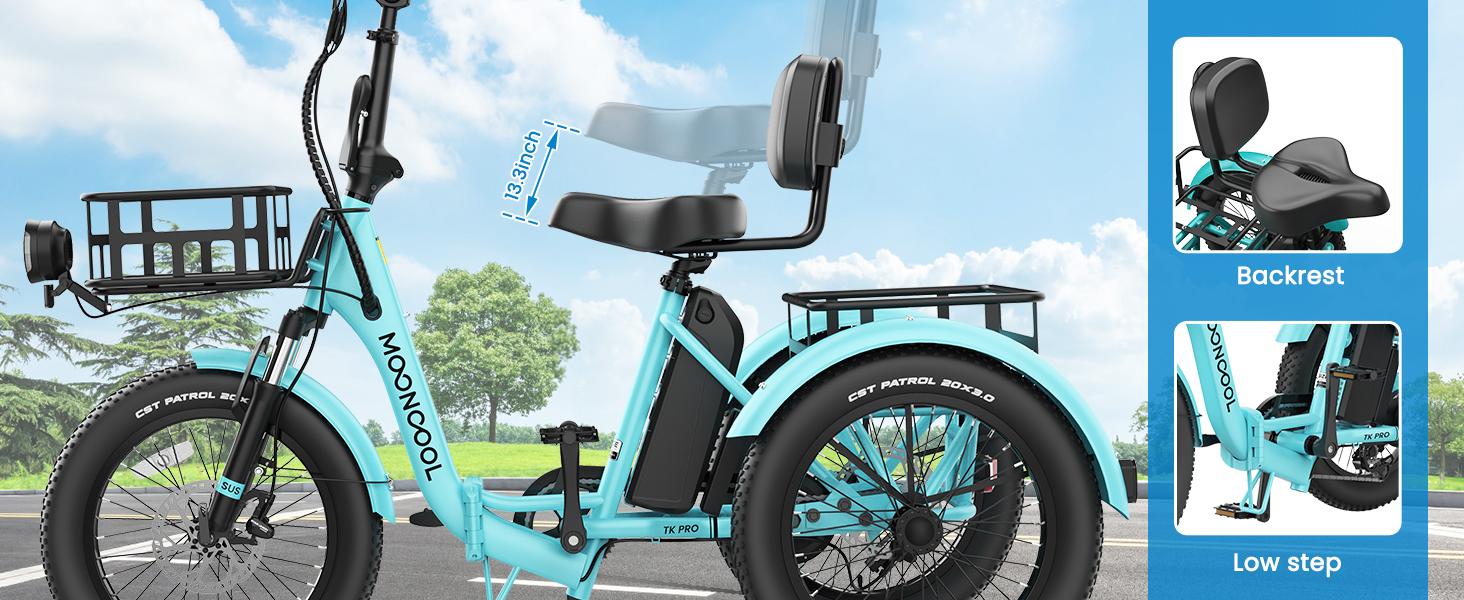 MOONCOOL Electric Tricycle for Adults, 750W 48V Folding Electric Trike Peak Power 1100W, 3 Wheels Electric Bicycle, Aluminum Frame Electric Tricycle with Large Basket and Removable Battery