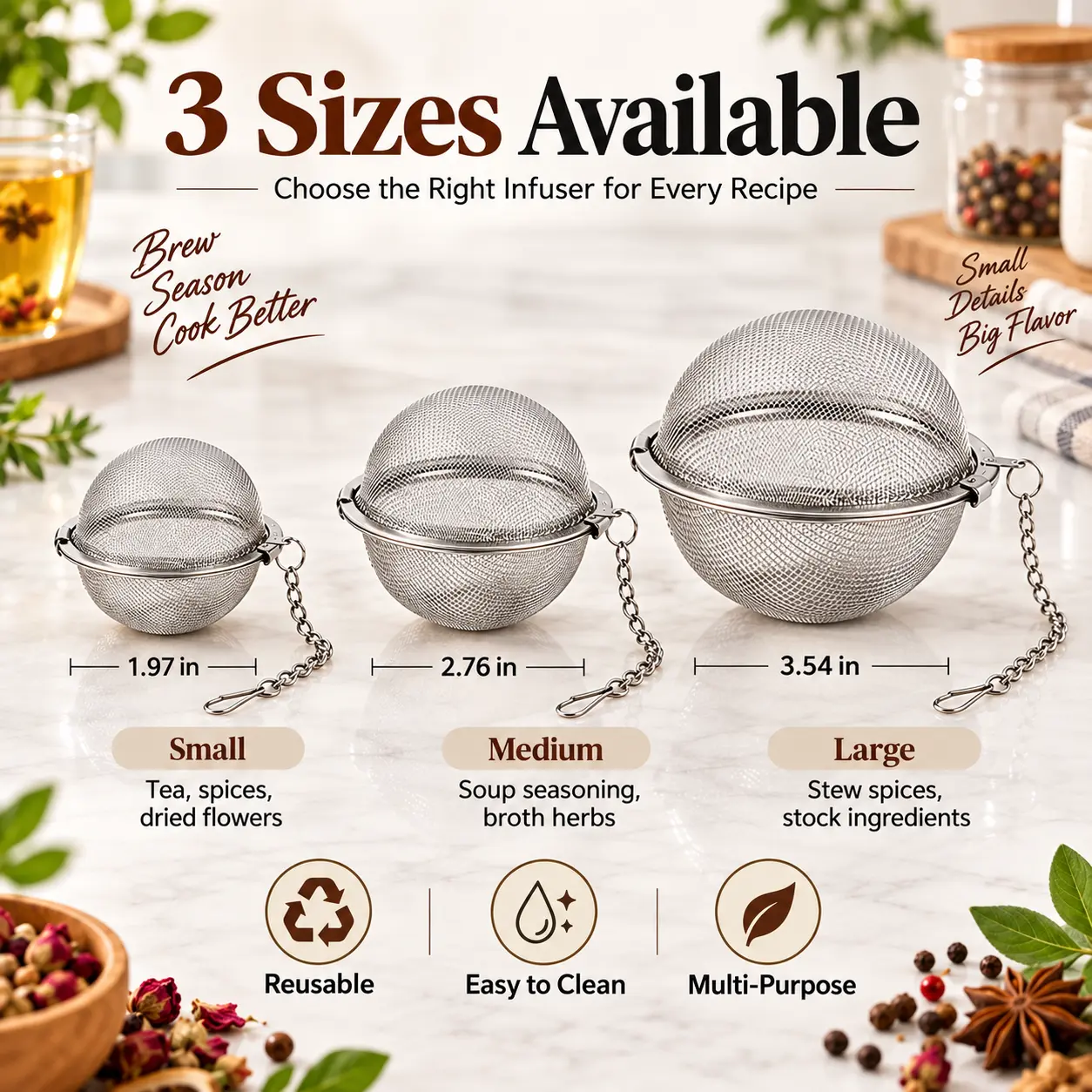 3pcs Stainless Steel Spice Infuser Ball with Chain, Fine Mesh Herb & Tea Strainer for Soup, Broth, Stew, Seasoning & Cooking