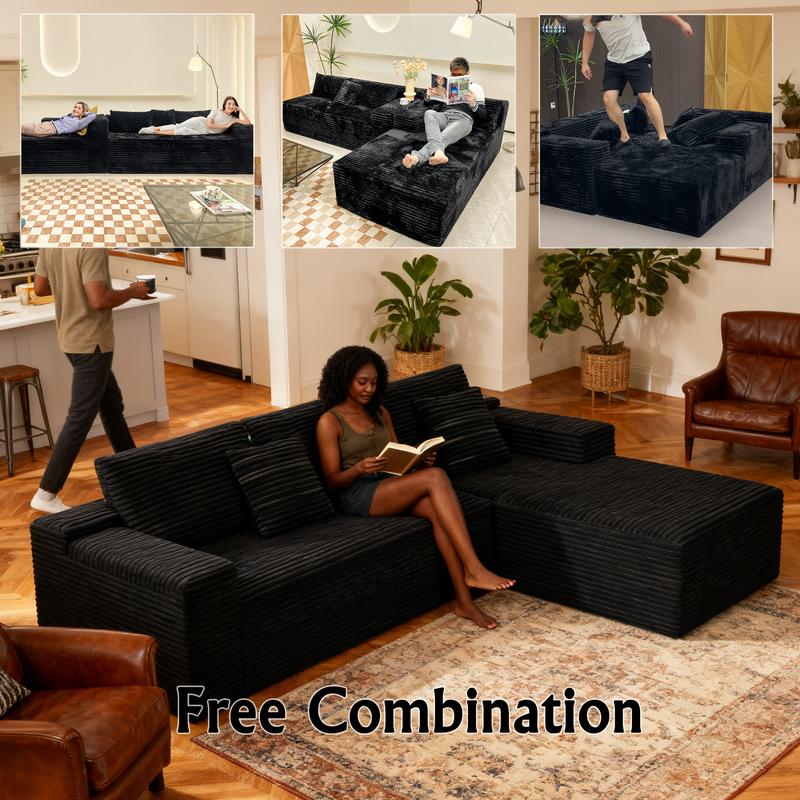 104" sofa living room Black Plush Corduroy Cloud VelvetModular Couches with Chaise, NoAssembly Required -L-ShapedSectional Sofa Set with FlexibleConfiguration boneless sectional furniture