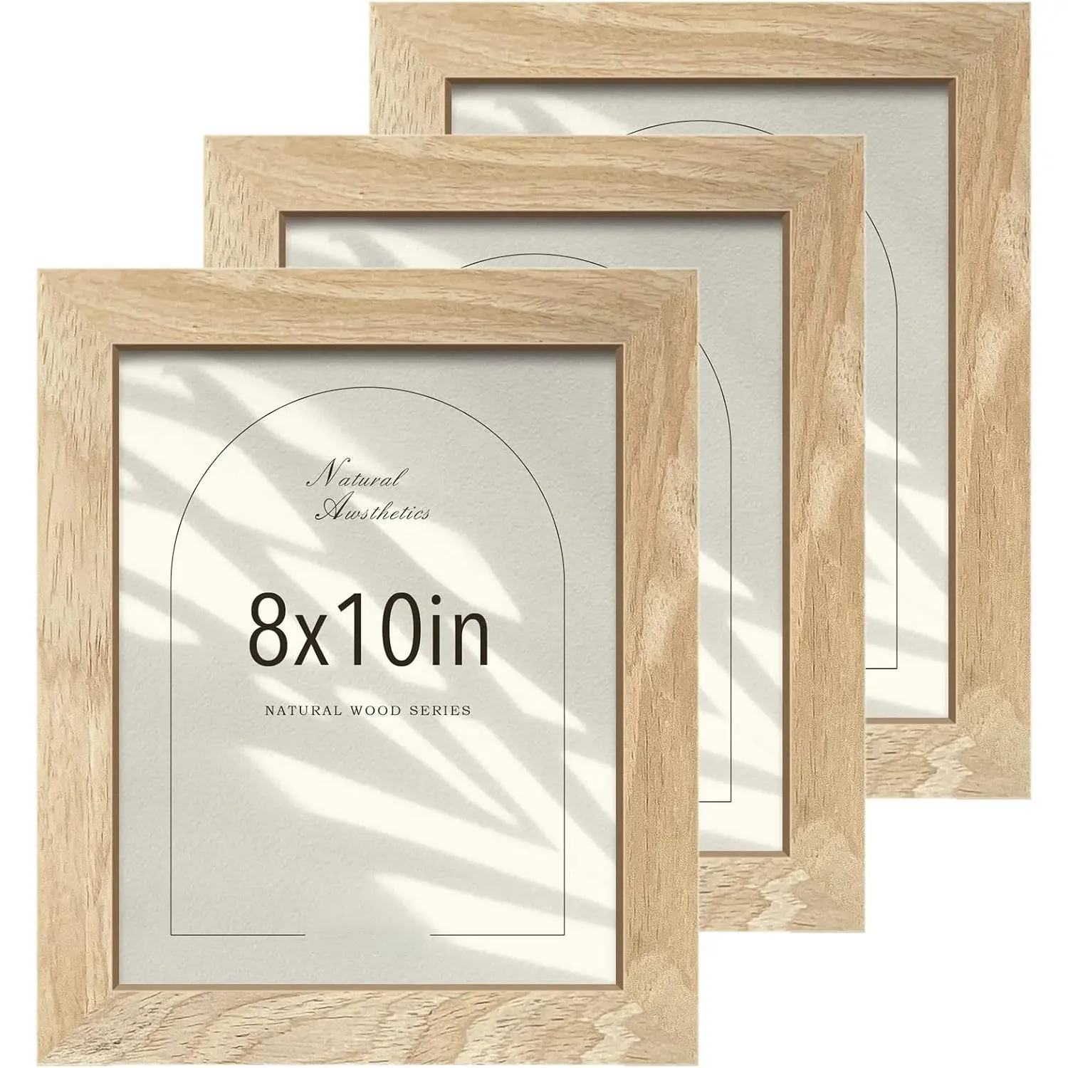 8x10 Picture Frame Set of 3, Natural Solid Wood Beige Frame with Exclusive Wood Grain, Tabletop Display & Wall Mounting for Home Decor