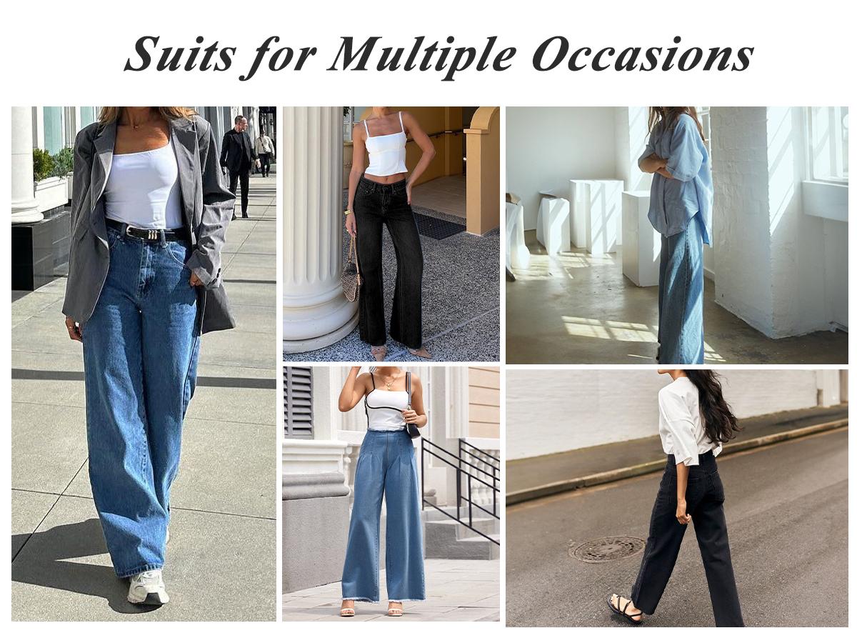 FireSwan Women's Wide Leg Jeans Mid Rise Elastic Waist Stretchy Baggy Loose Casual Denim Pants with Pockets