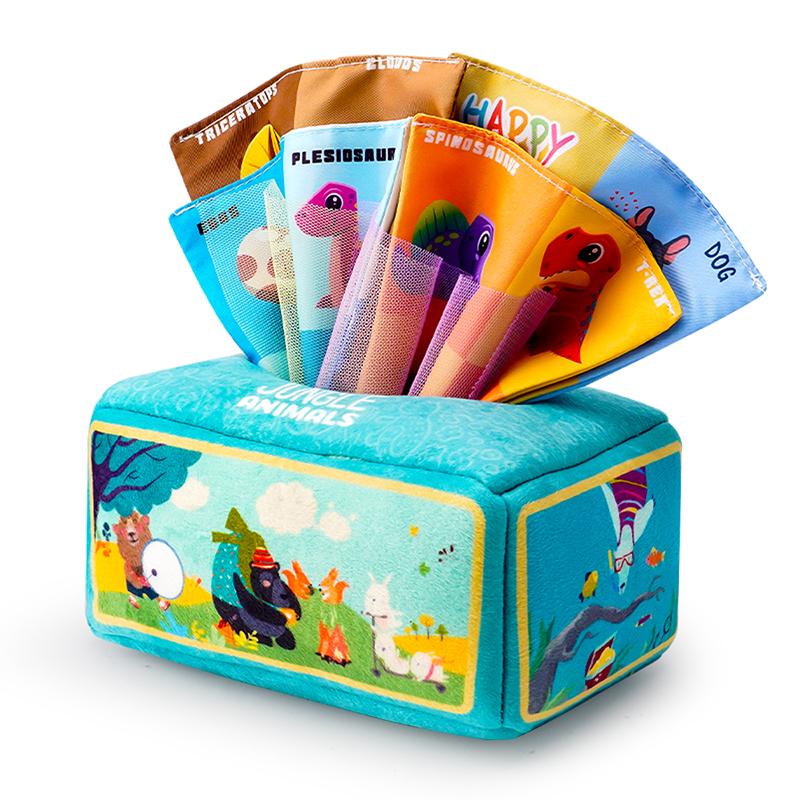 1count Baby Tissue Box - Montessori Infant Toys 5 Months Baby Tissue Box Learning Toy, Infant And Toddler Educational Toys With 3 Rattle Cloths And 10 Saran Wraps