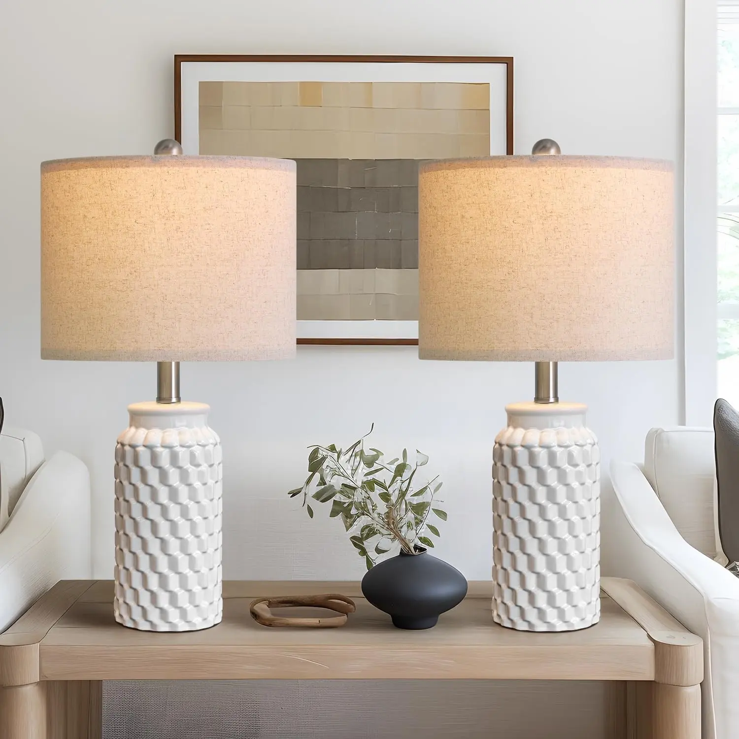 20.5" White Modern Ceramic Bedside Lamps Set of 2, Small Table Lamp for Bedroom Decor Farmhouse Nightstand Lamp for Living Room Office