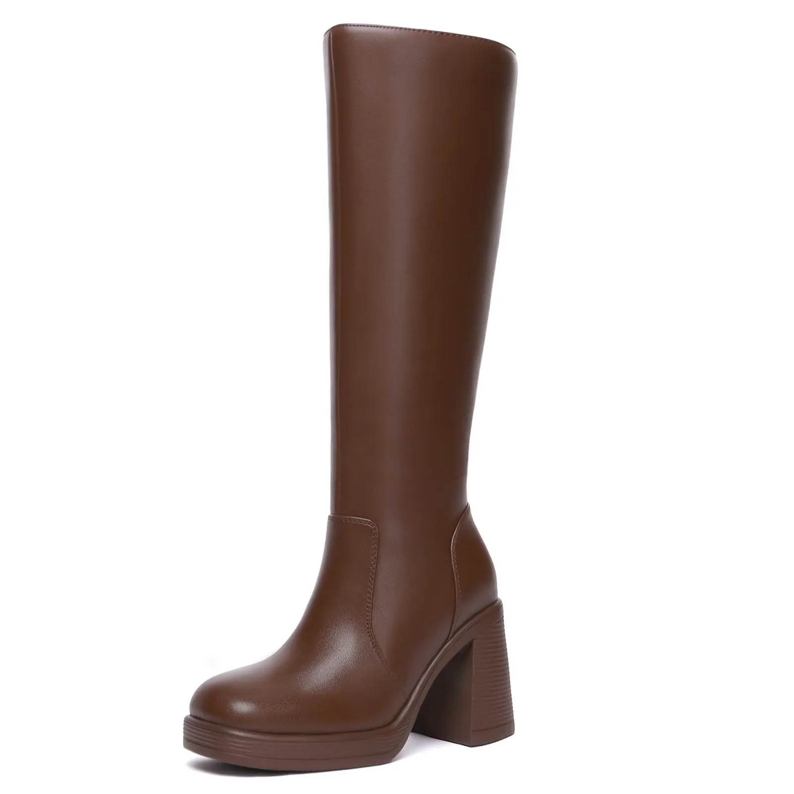 Athlefit Women's PU Leather Platform Boots - 3.15-inch Chunky Heel, Square Toe, Side Zipper, Comfortable Sole, Stylish Fashion Booties tiktokshopbacktoschool,back to school,back to school haul