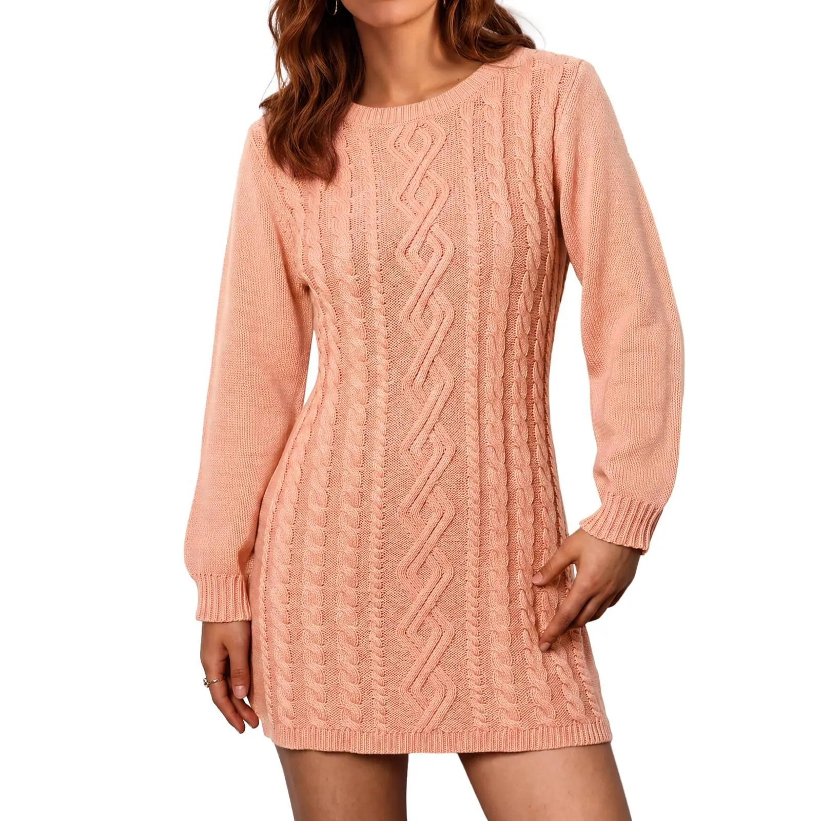 Imily Bela Women's Cable Knit Sweater Dress Long Sleeve Round Neck Slim Fit Mini Knit Dress Casual Bodycon Short Jumper Dress