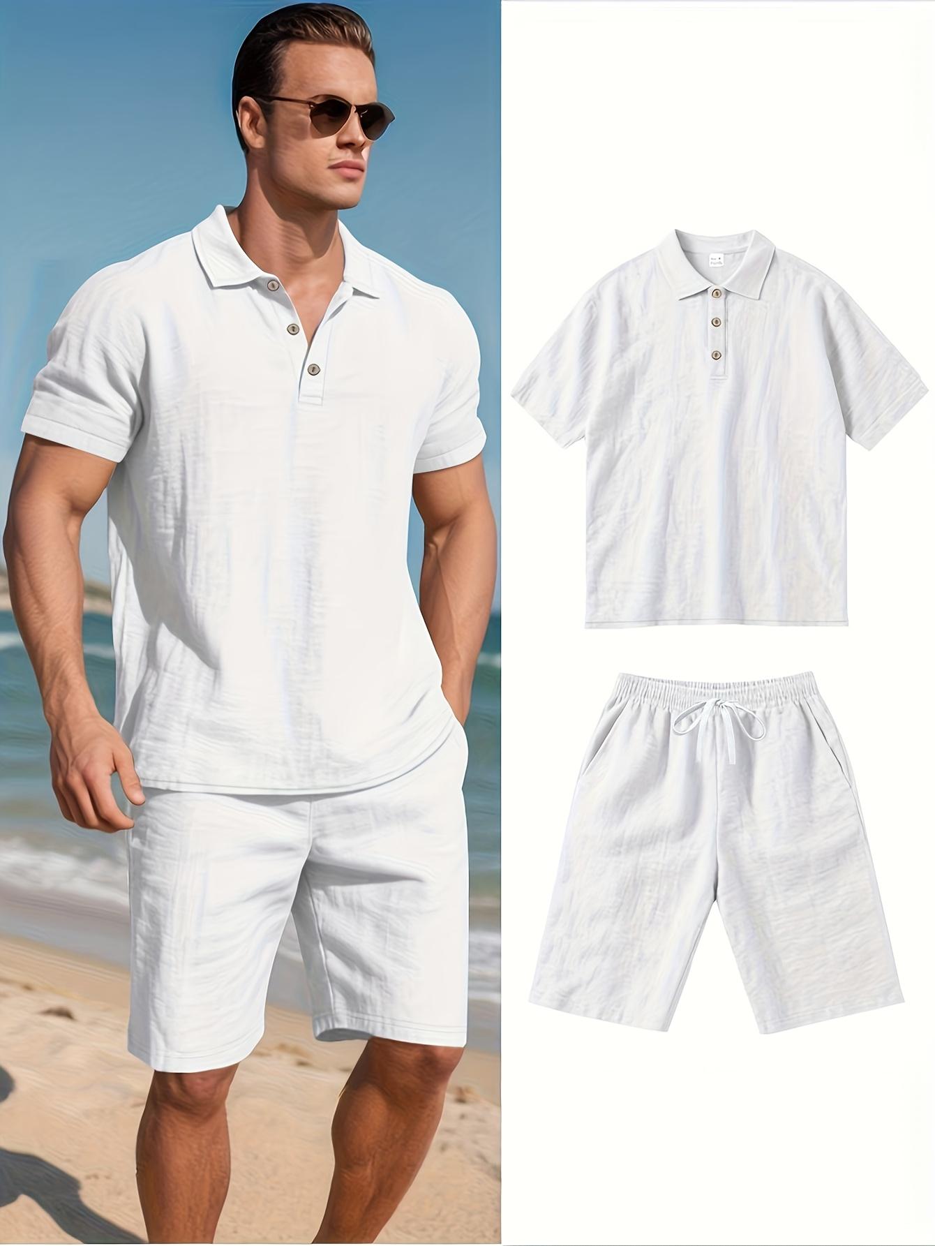 Men's 2-Piece Classic Linen Fabric Polo Shirt & Shorts Set, Short-Sleeve Quick-Dry Breathable Casual Outdoor Evening Clothes, Plain Menswear Outfit Men's 2-Piece Classic Linen Fabric Polo Shirt & Shorts Set, Short-Sleeve Quick-Dry Breathable Casual Outdoor Evening Clothes, Plain Menswear Outfit