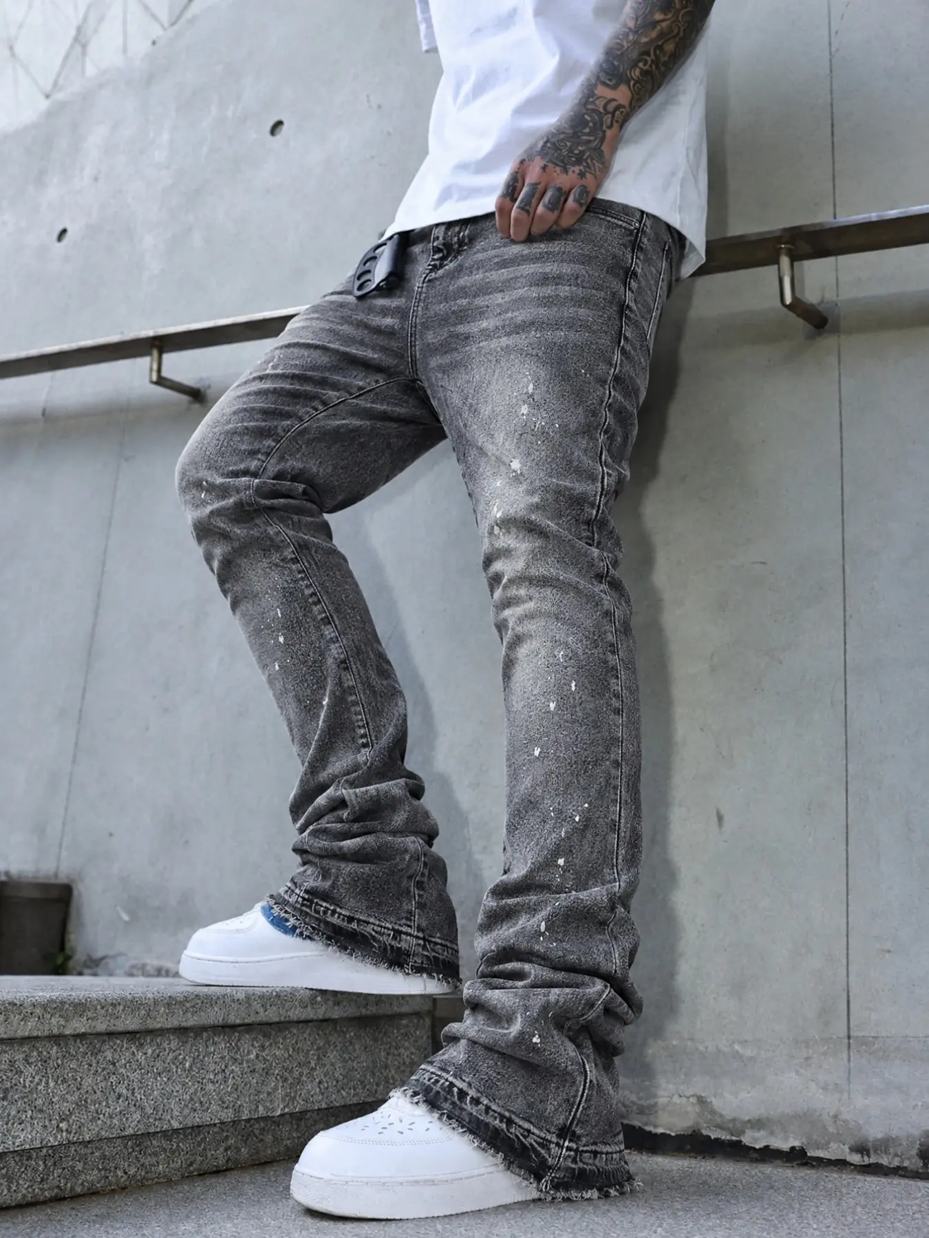 Men's Washed Ink Splatter Jeans, Micro Flare Pants, Ripped Patchwork Bell Bottoms, Y2K Stacked Denim, All-Season Wearable