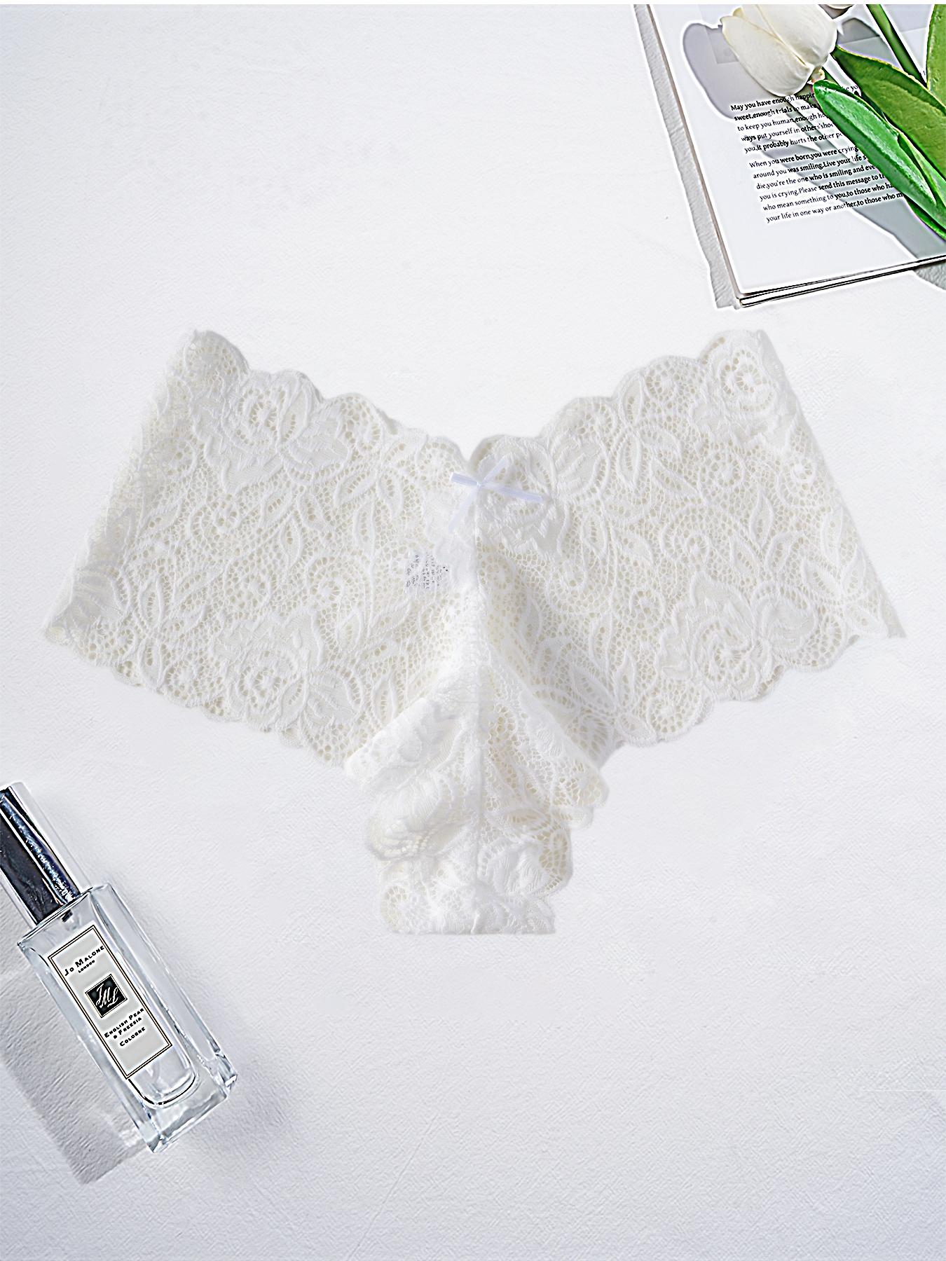 Women's Lace Underwear Mid-Waist Thong Panties, Bow Detail, Full Embroidery, Plain Color, M-Xxl, Slim-Fitting, All Seasons