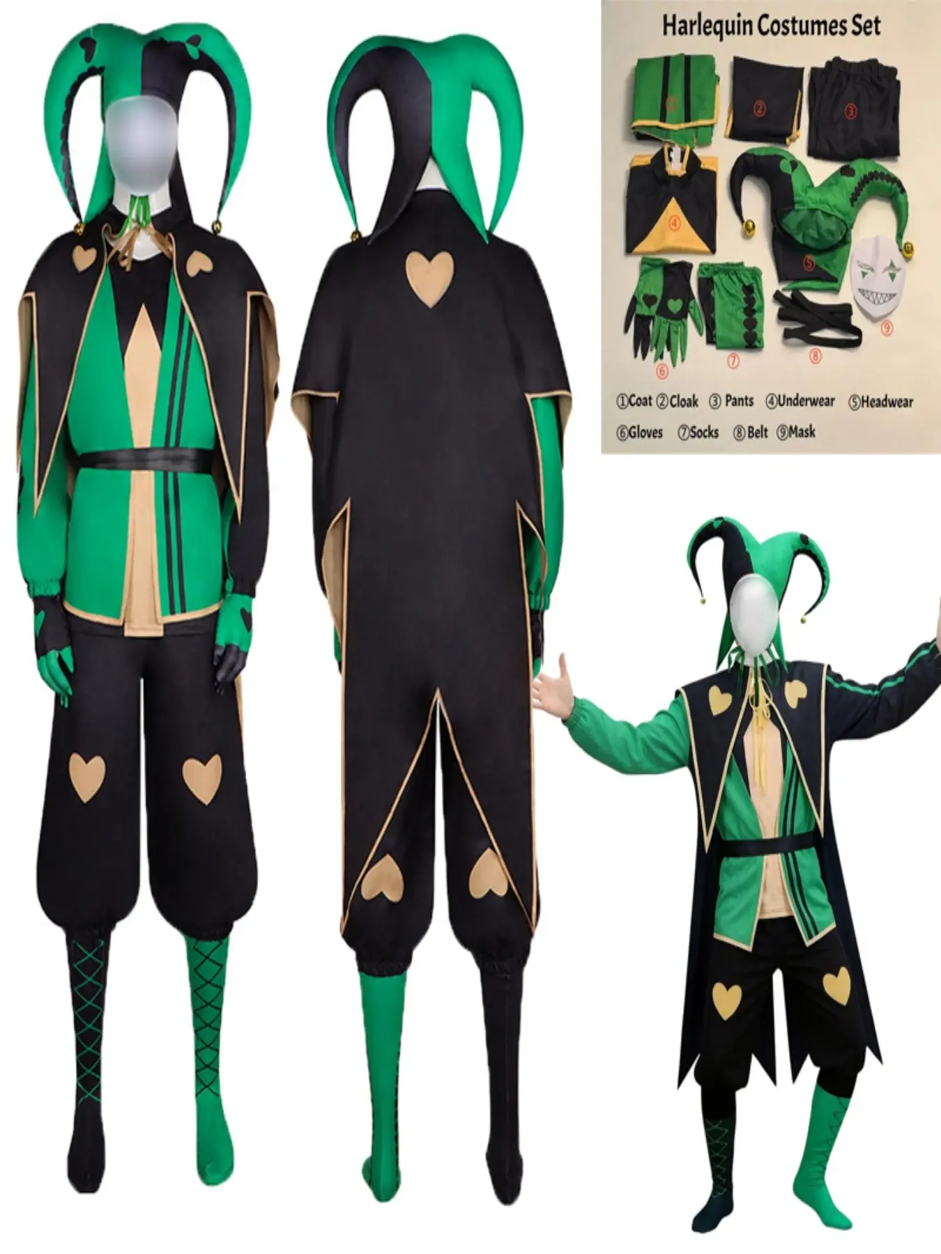 The Freak Circus Harlequin Costumes Clown Costume Full Set Game Pierrot Jester Unisex Design Cosplay Outfit Halloween Festive Carnival Fancy Dress Jumpsuit