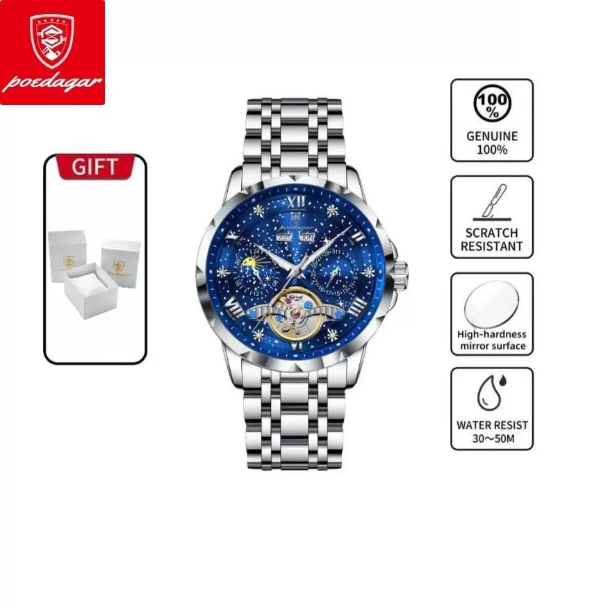 POEDAGAR fashion trend automatic mechanical stainless steel men's watch, date hollow tourbillon+box