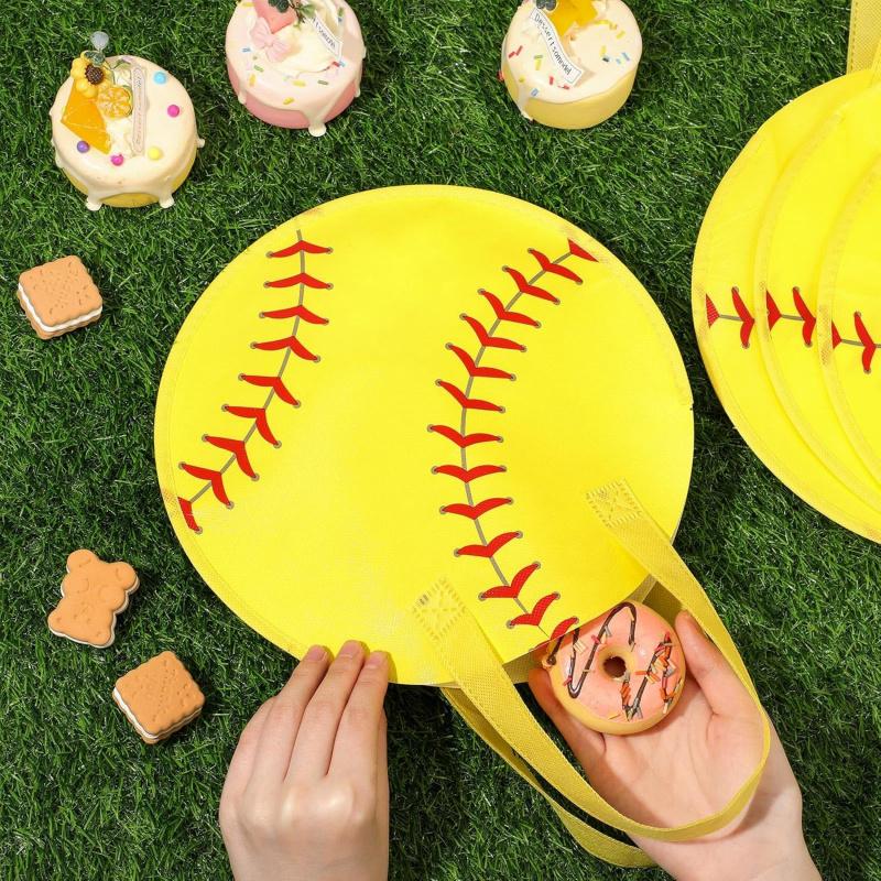 12 Pcs Softball Party Favor Bags10*10 Inch Softball Gift Bags with Handle Round Non Woven Gift Pouches for Goodie Candy Snacks Sports Themed Birthday Party Supplies