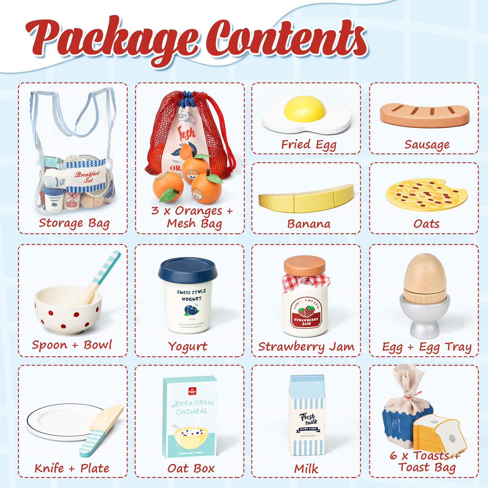 Wooden Pretend Play Food, Wooeden Breakfast Food, Play Food Sets with Shopping Bag for Kids Kitchen, Fake Food Pretend Play for Kids, Realistic Food Playset Cutting Fruit Bread Egg Bag, Role Playing Toys for Kids