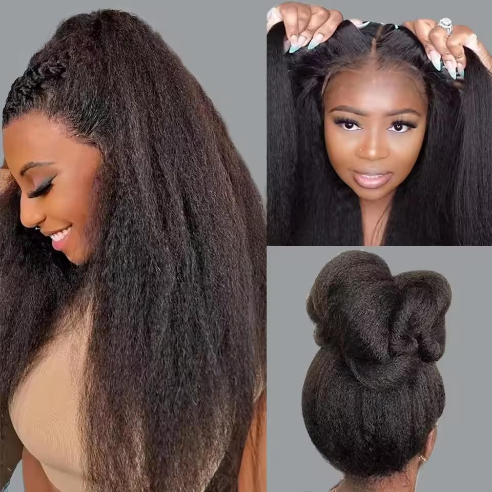 [360 Glueless Wig] Bling Hair High Density Kinky Straight 360 Glueless Wigs Human Hair Brazilian 32 34 Inch Yaki Straight 13x6 HD Lace Frontal Wig Preplucked