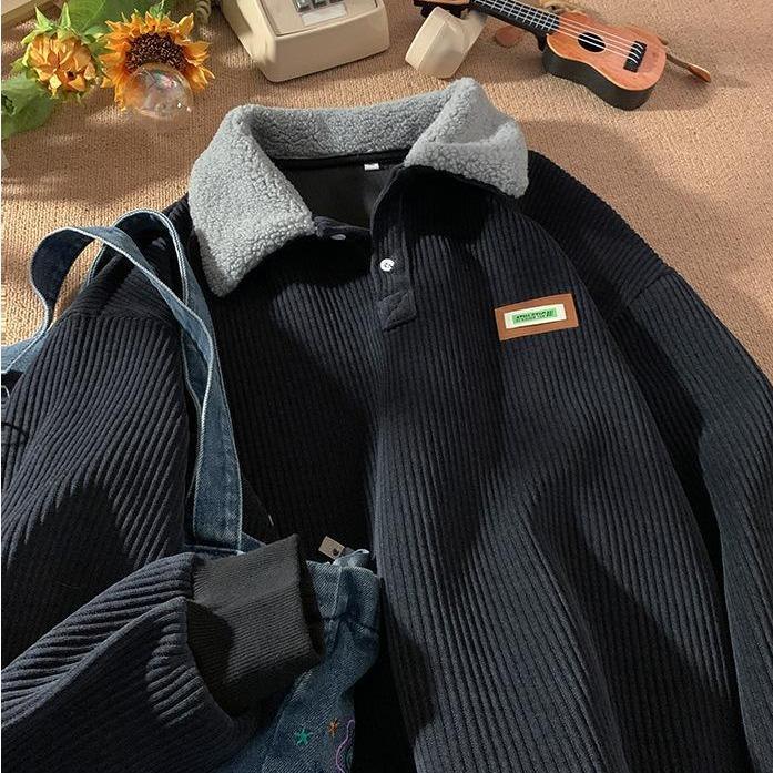 2025 NEW Corduroy Polo collar sweater couple autumn and winter style plus velvet thickened simple fashion lamb wool coat Comfort Long Sleeve