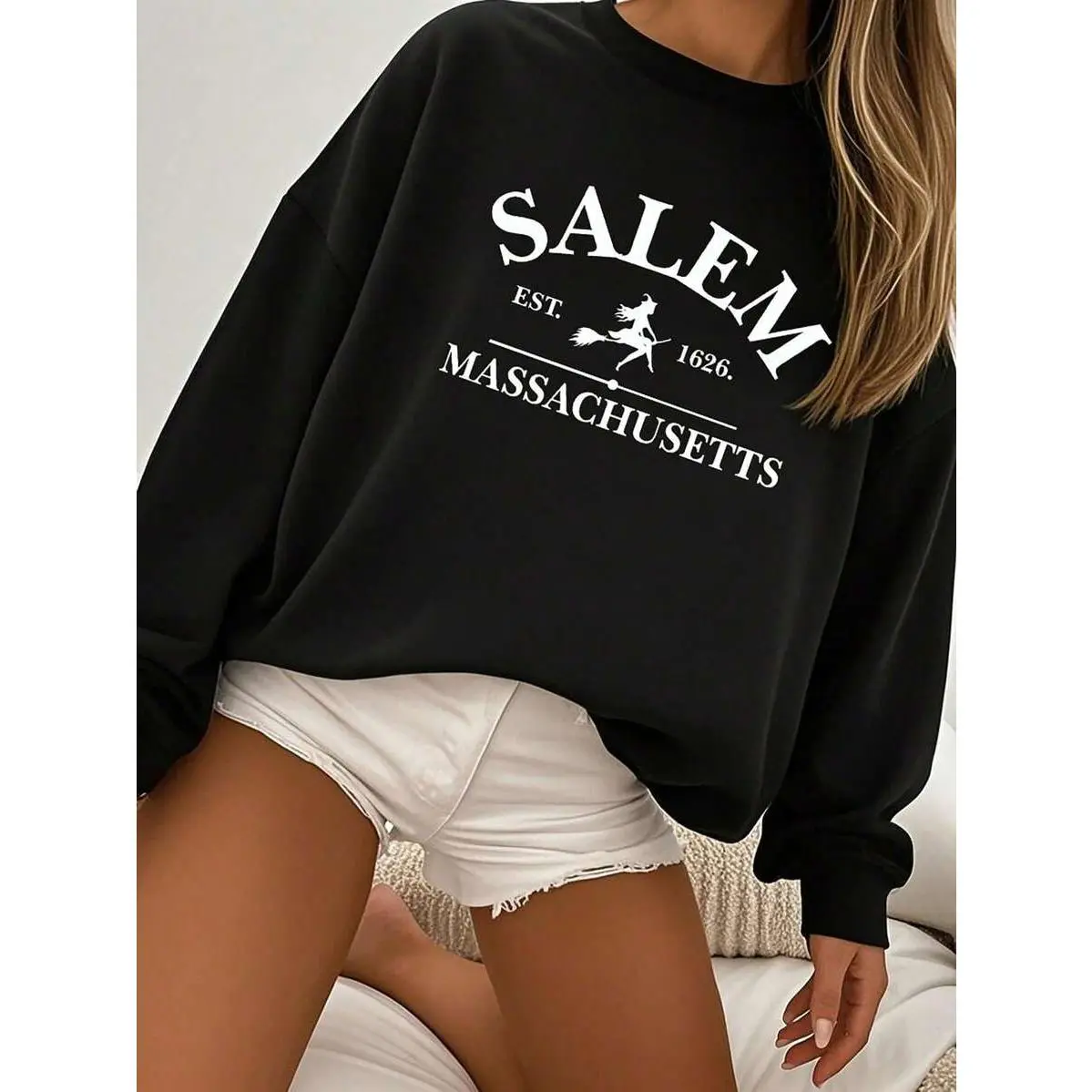 SALEM MASSACHUSETTS, Witch Graphic Pullover, Casual Crew Neck Long Sleeve Sweatshirt For Women, Fall