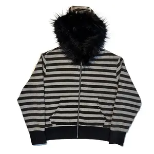 Gothic punk grunge fur collar hoodie unisex striped diamond design zipper sweatshirt 2000s Harajuku aesthetic hip hop streetwear