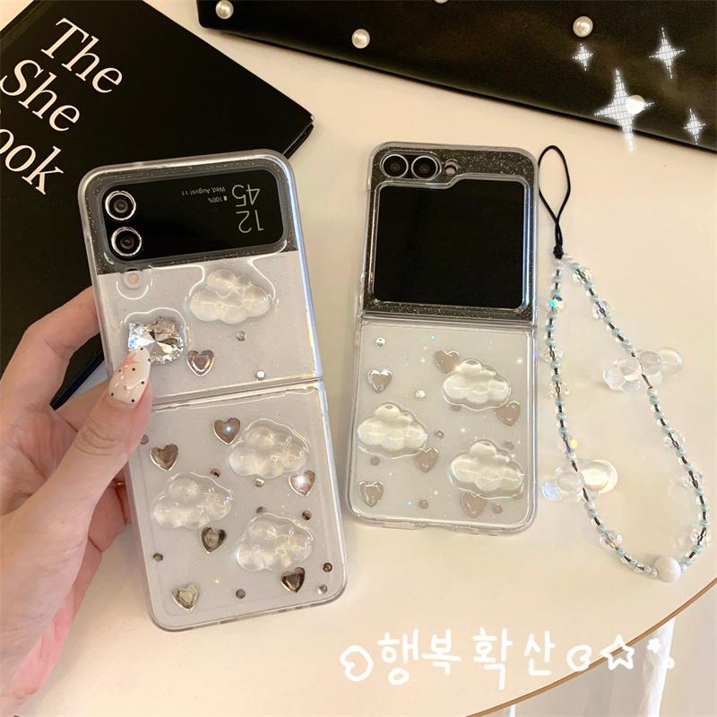 Fashion Glitter Love Cloud Resin Phone Case For Samsung Galaxy Z Flip 7 6 5 4 Flip7 Flip6 Cover with Chain Hand Rope Cute Cases