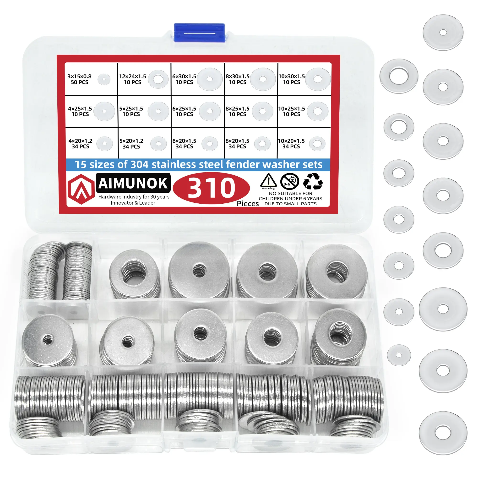 310-Piece 304 Stainless Steel Metric Flat Washer Kit, Assorted Sizes for Bolts & Screws