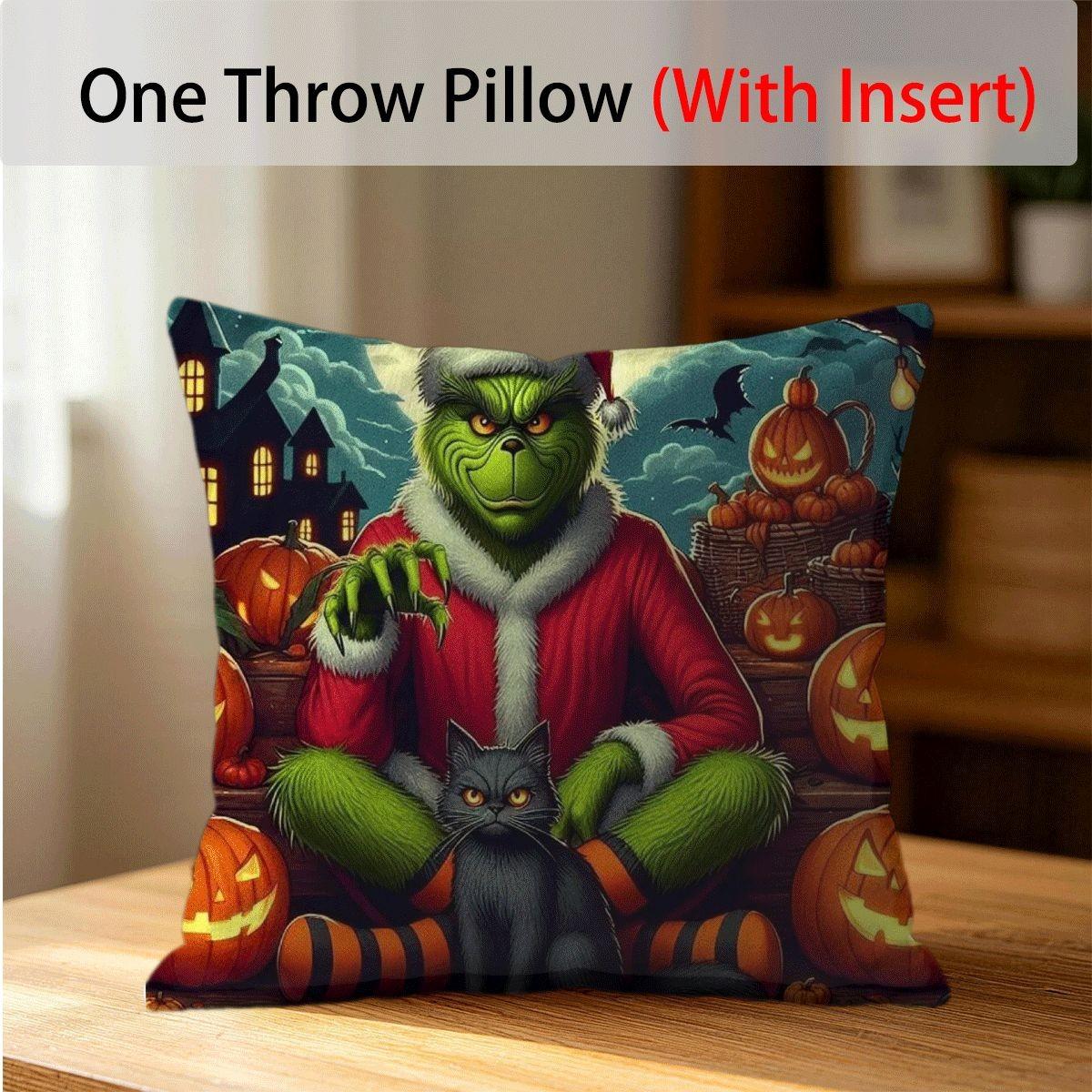 45x45cm 1Pc, Grinch Themed Halloween Christmas Cushion Pillow, spooky jack-o'-lantern bat print, soft durable cozy, perfect for sofa, bed, living room bedroom decor, ideal small holiday home gift, includes pillow filling