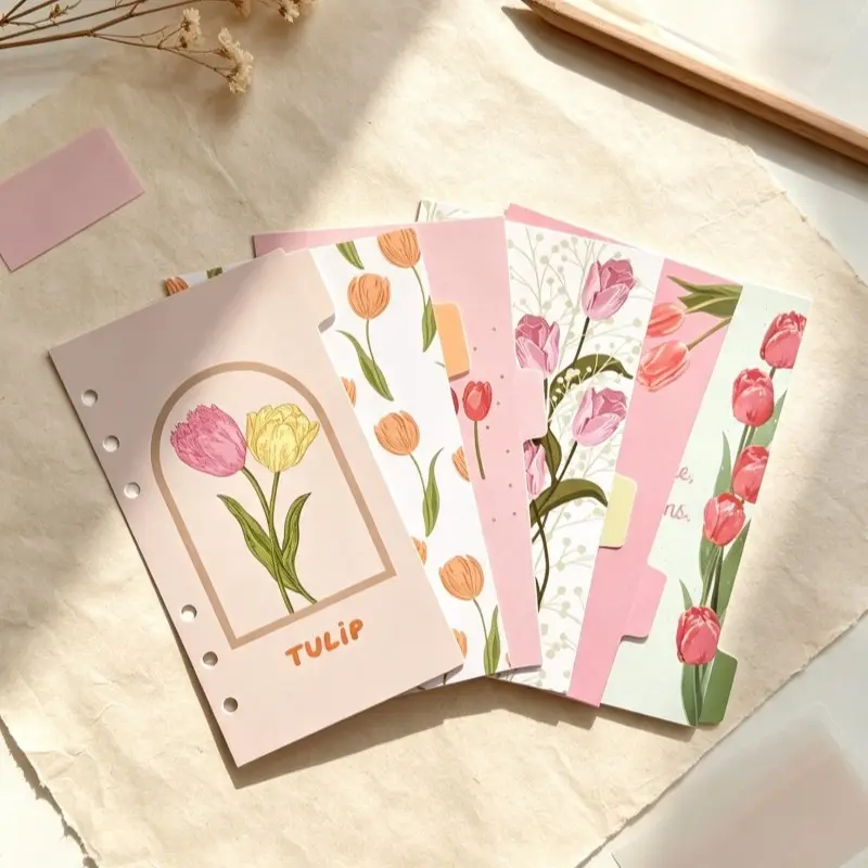 6 Unique Hand-Drawn Tulip A6 Divider Pages, 6-Hole Ring Binder Index Tabs, Soft Girl Style Planner Decorative Material