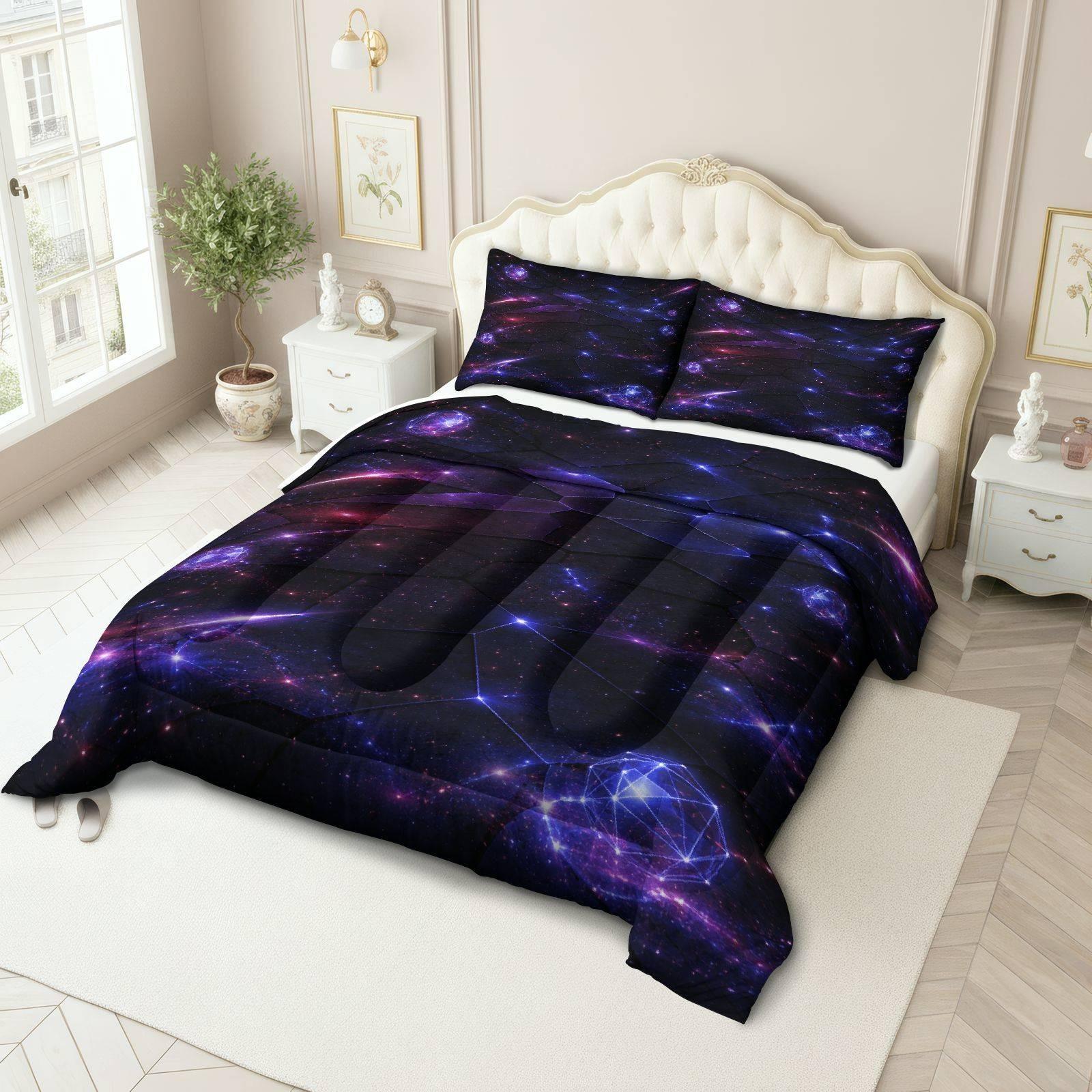 Galaxy Starry Sky Bedding Set, Soft Breathable Polyester, Includes 1 Quilt and 2 Pillowcases, Universe Theme