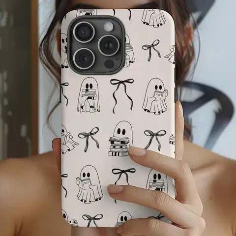 Coquette Reading Ghost Halloween Protective Cellphone Case - Lightweight Full Body Cover with Raised Edges, Multi-Model Fit for iPhone 17 Pro Max,16e,15 Plus,14 Pro,13 Max,12,11, Phone Accessory for Book Lovers