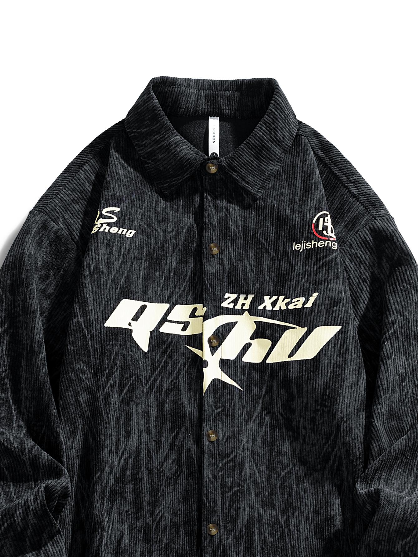 Shirt Jacket For Men American Vintage Casual Fashion Racing Style Letter Print Trendy Top