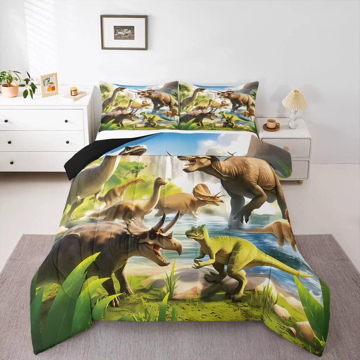 Dinosaur World Quilt Set, Realistic Dinosaur Print, Vibrant Jungle Waterfall Pattern, Filled Comforter with Inner Core, Kids Bedroom Bedding, Bed Sets Supplies