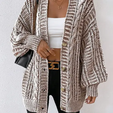 【Black Friday】Women's Textured Lantern Sleeve Button-Front Knit Cardigan, Casual V-Neck Oversized Knitwear for Fall & Winter, Fashion Outerwear for Daily Wear