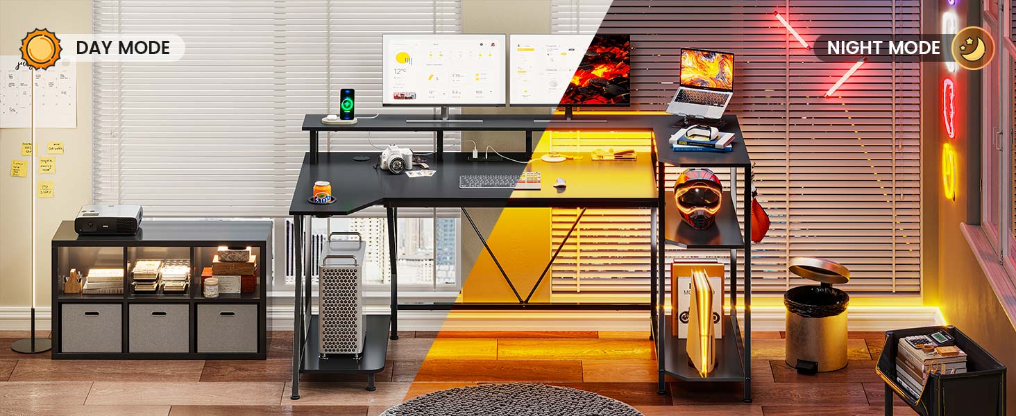 SEDETA 55-inch Gaming Desk with LED Lights and Storage Shelf, Computer Desk with Monitor Stand Power Outlet and Cup Holder Modern Metal Gaming Desk Heavy Duty Table