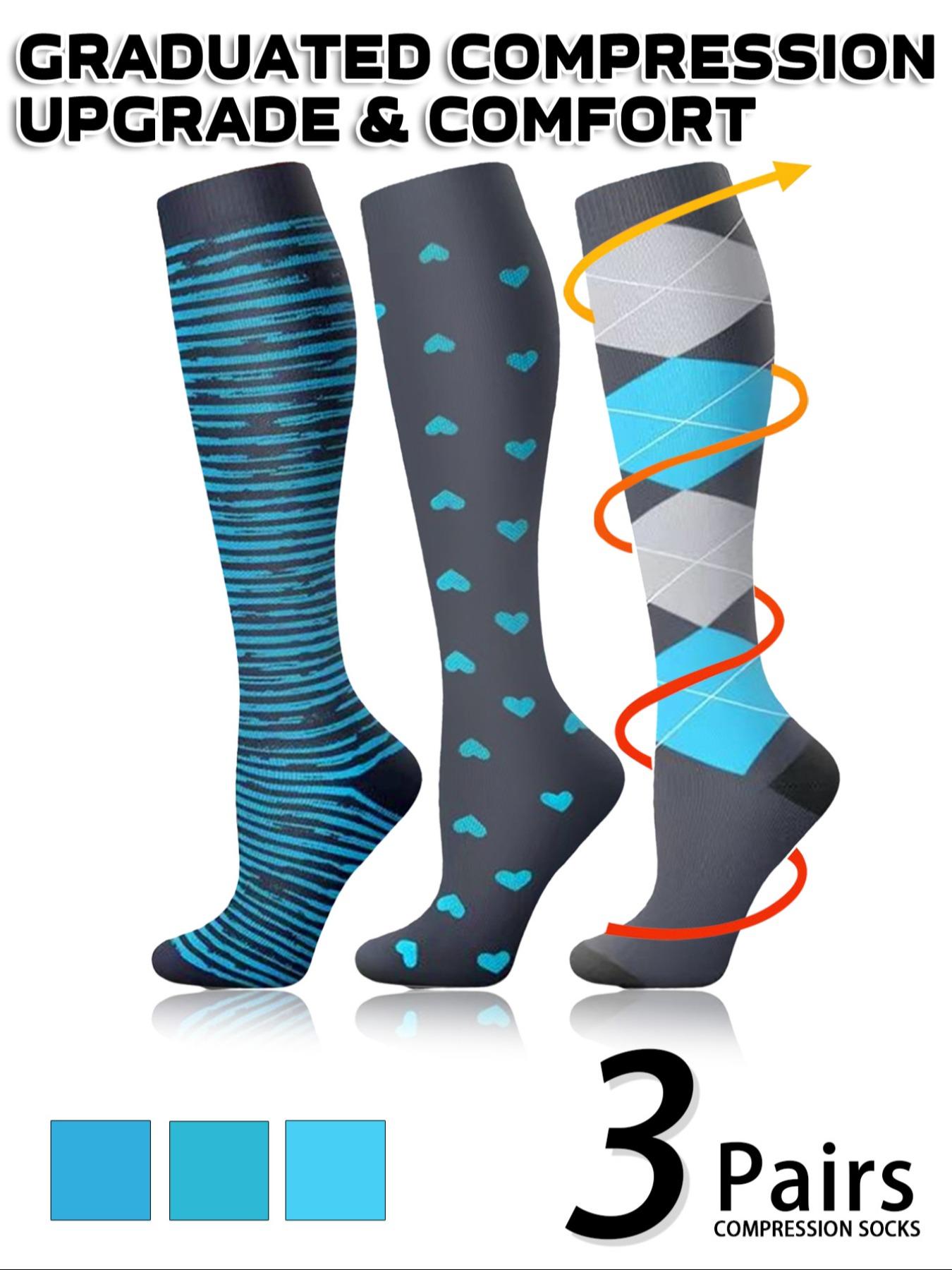 3 pairs of men's and women's compression socks with a compression rating of 15-20 mmHg in a knee-high design for running, performance and recovery, available in a range of colours to help improve circulation, Sports Socks