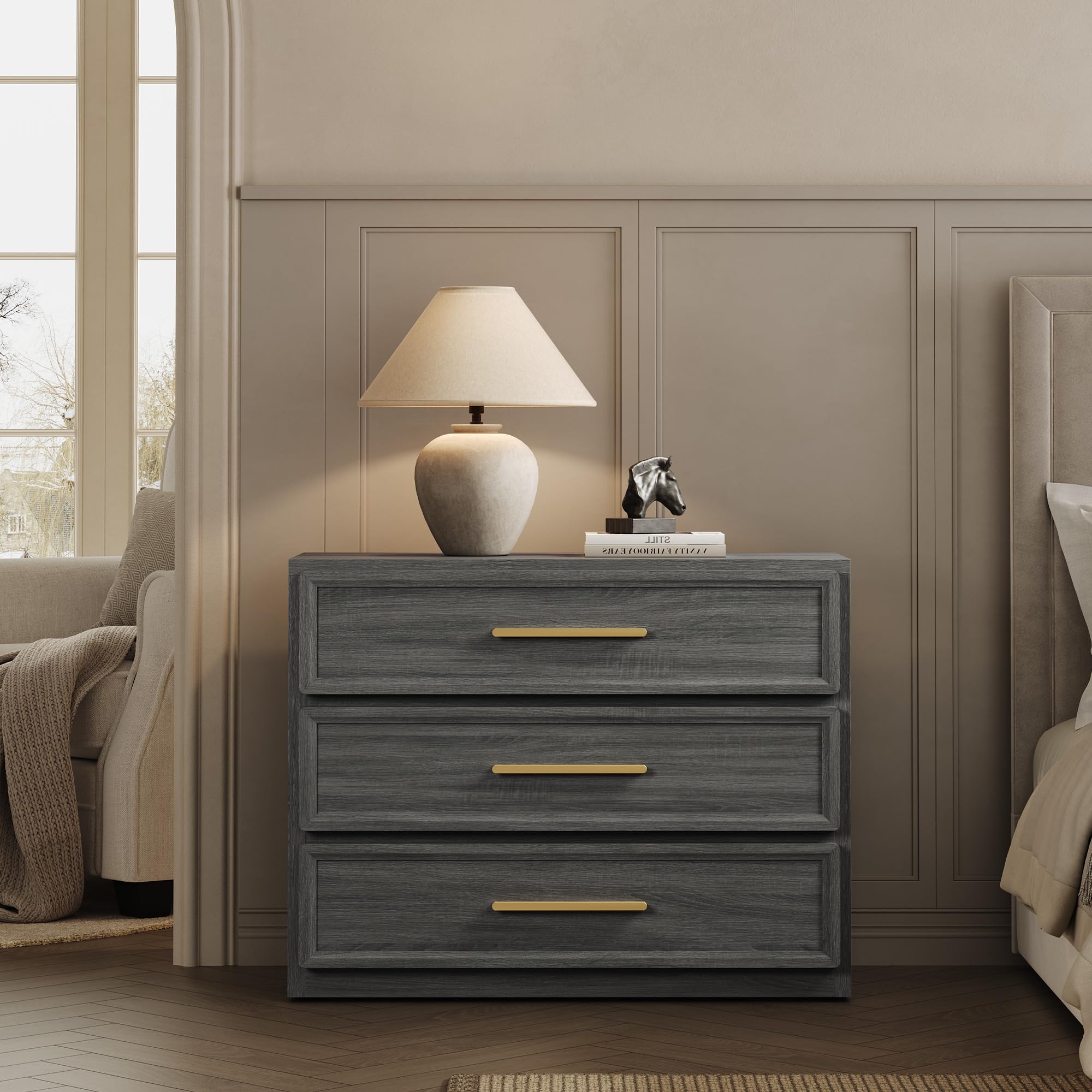 SICOTAS Night Stand Oversized Extra Large Nightstand Tall Bedside Side Table with 3 Drawers