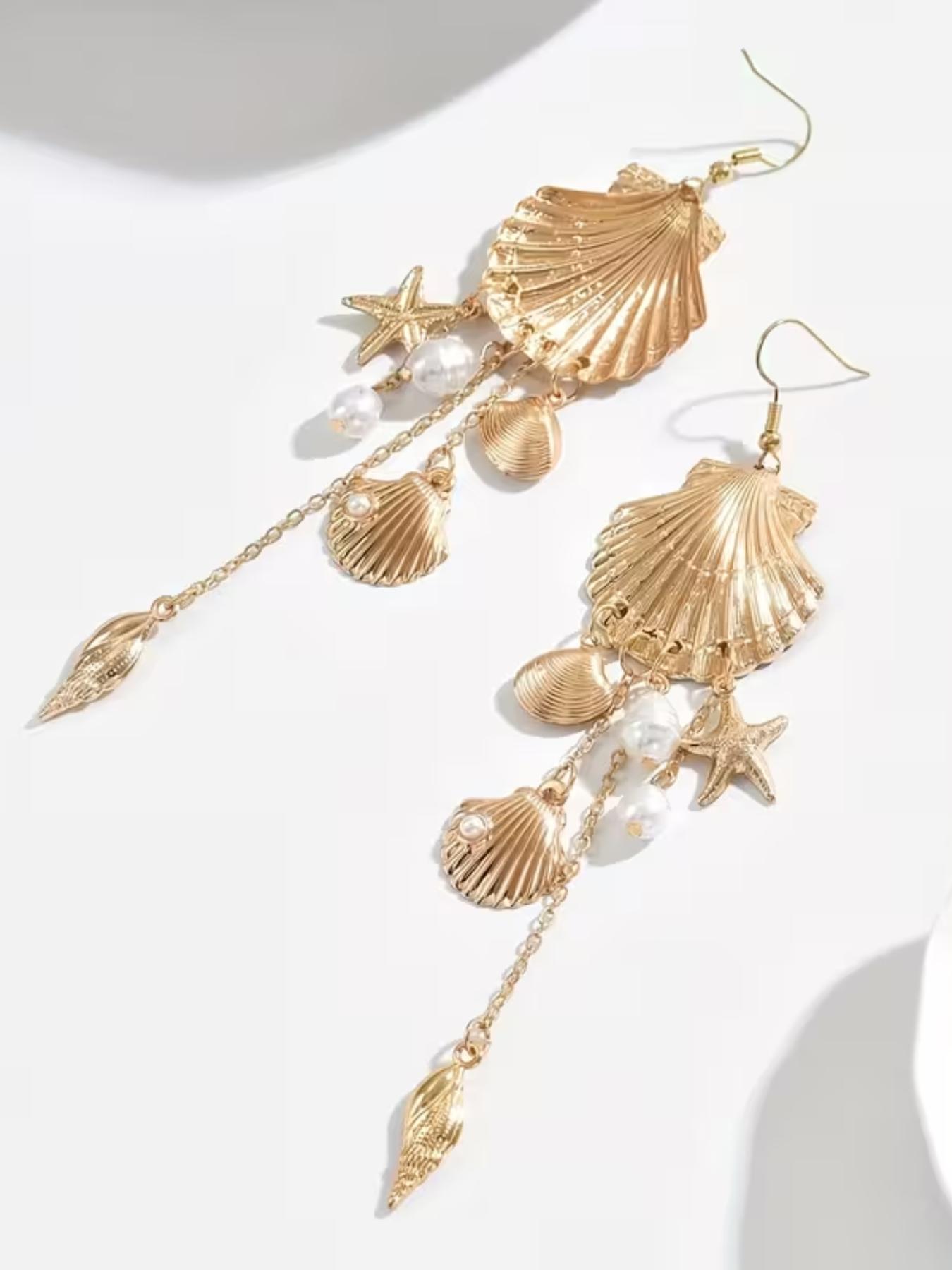 Boho Shell Conch Imitation Pearl Starfish Oceanic Pendant Earrings, Fashionable Bohemian Style Jewelry for Daily Wear & Beach Parties
