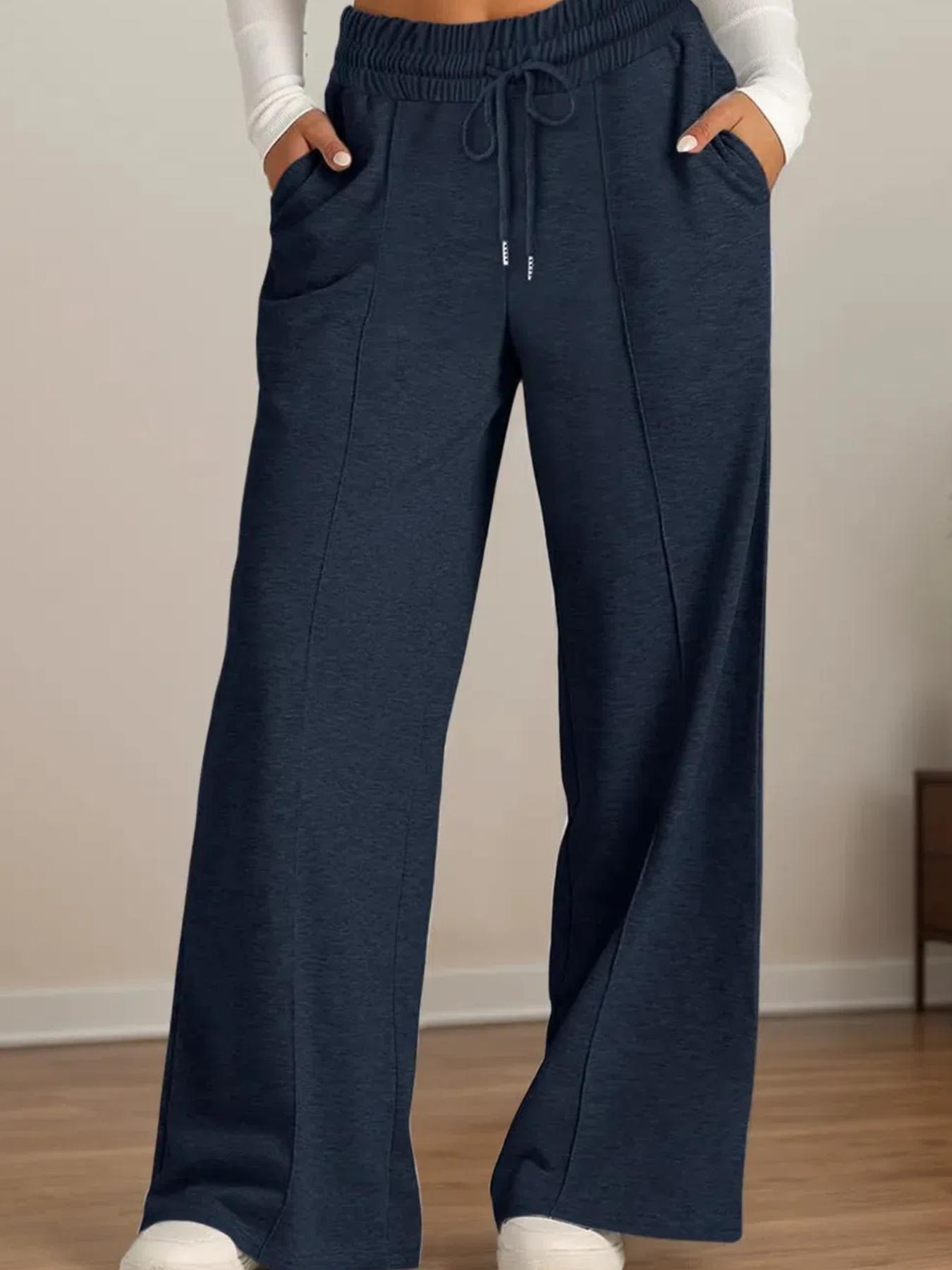 Women's Plain Drawstring High-Waisted Wide-Leg Pants, Loose Fit, Casual with Pockets, Elastic Waist, All Seasons, Daily Wear, Outerwear, Home Wear