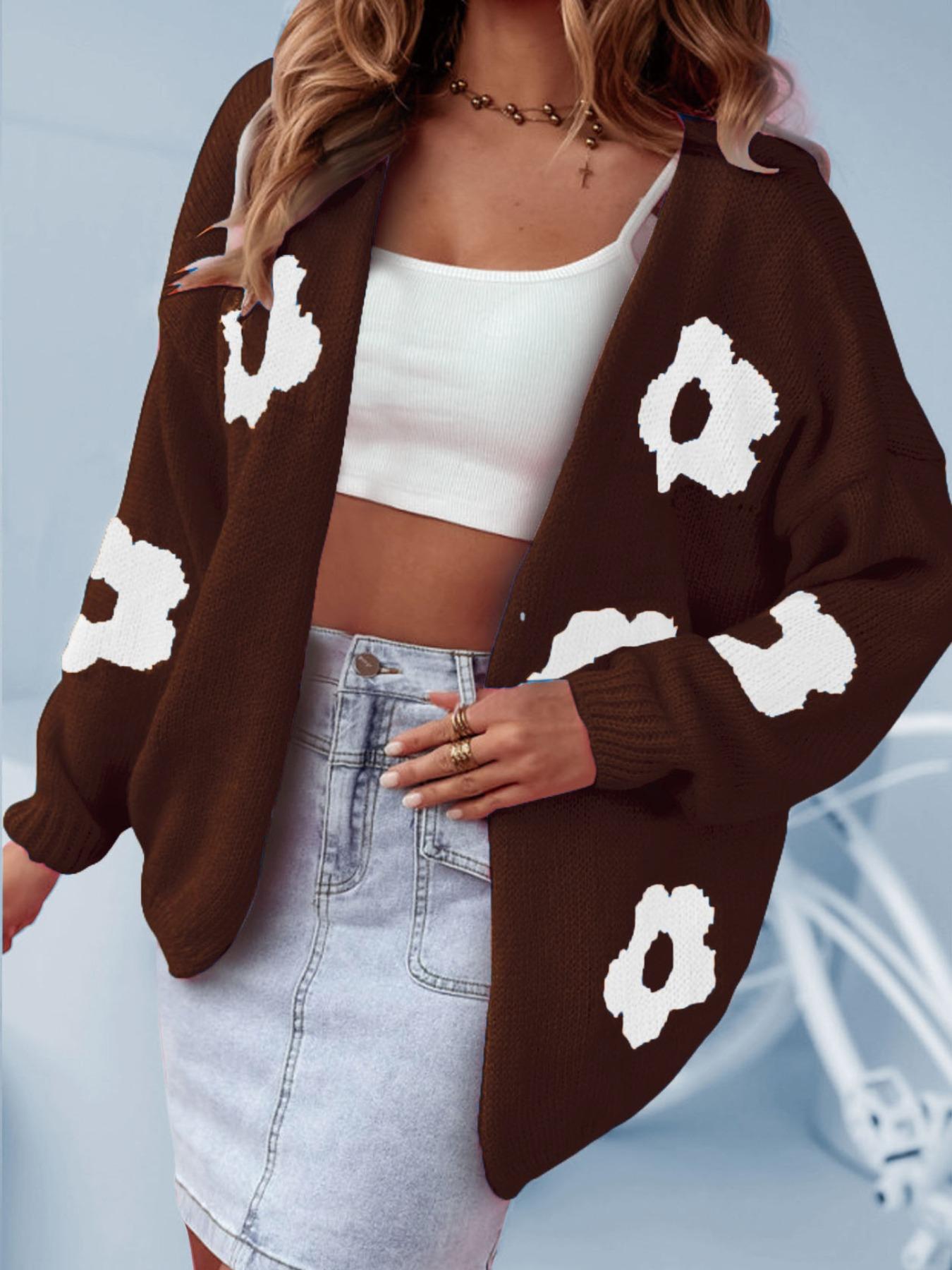 Plus Size Floral Print Drop Shoulder Cardigan, Casual Long Sleeve Open Front Knitwear for Fall & Winter, Women's Plus Clothing for Daily Wear